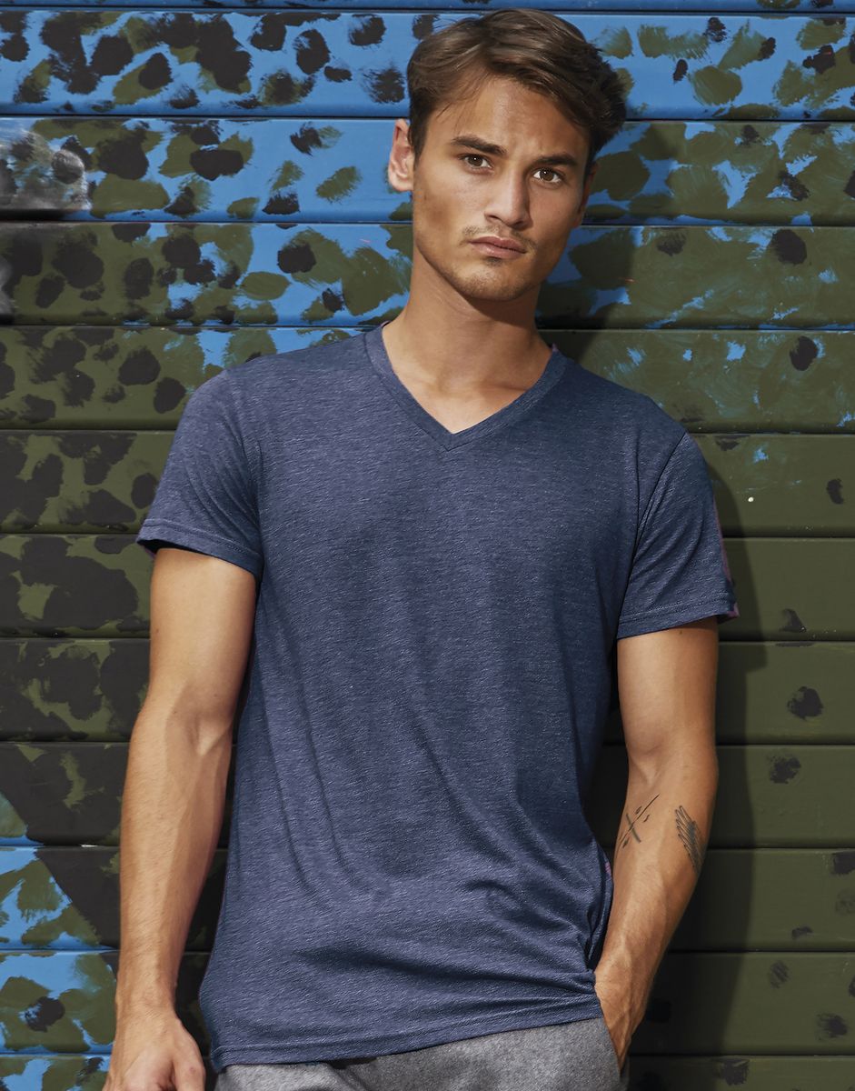 Ανδρικό T-Shirt V-Neck Tm057 B C Triblend Heather Navy ανδρικά Basic T-Shirts Simple Wear Μπλουζάκια κοντομάνικα