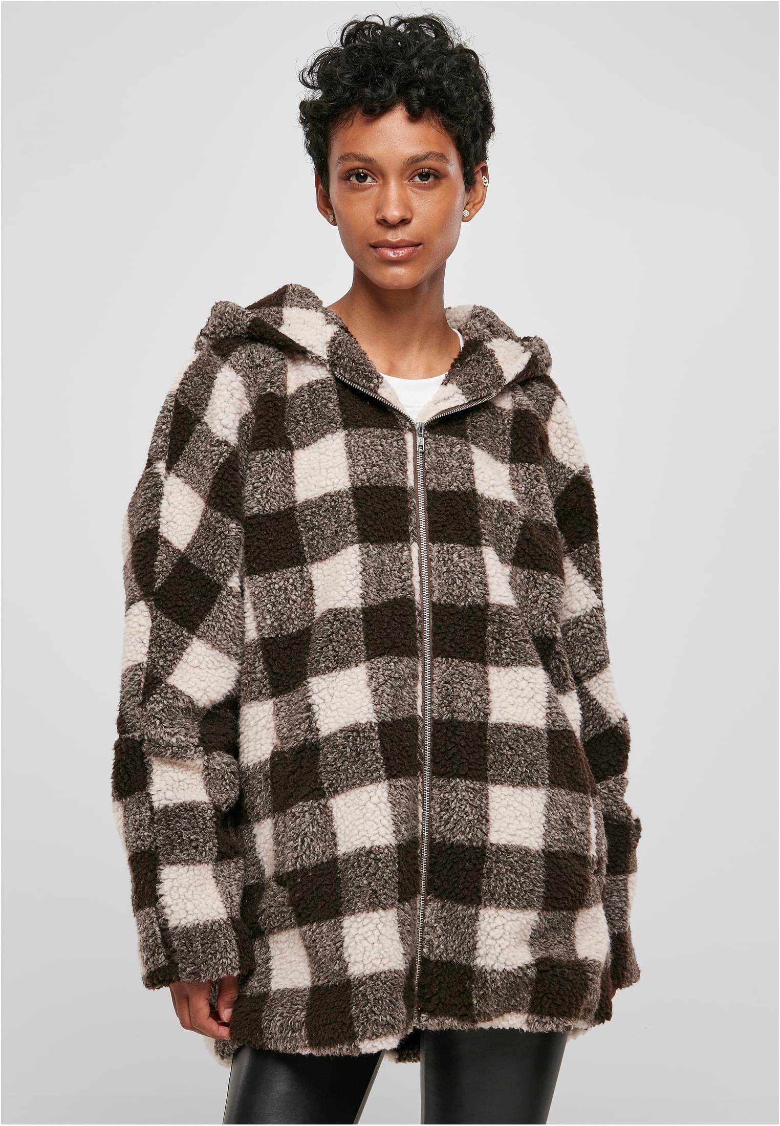 Ladies Hooded Oversized Check Sherpa Jacket Urban Classics TB3056-04017 pink/brown