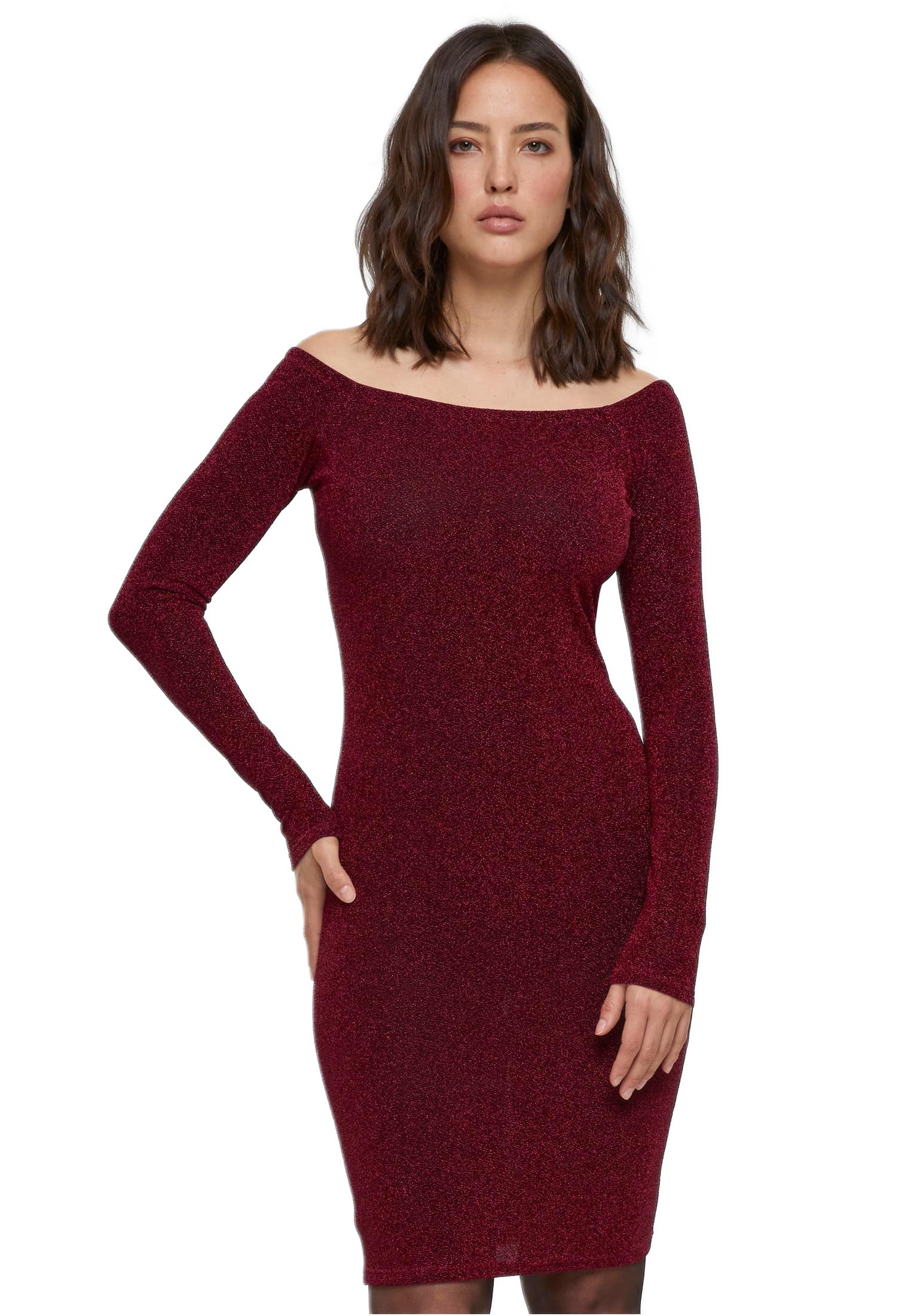 Ladies Off Shoulder Longsleeve Glitter Dress Urban Classics TB6144-00606 burgundy