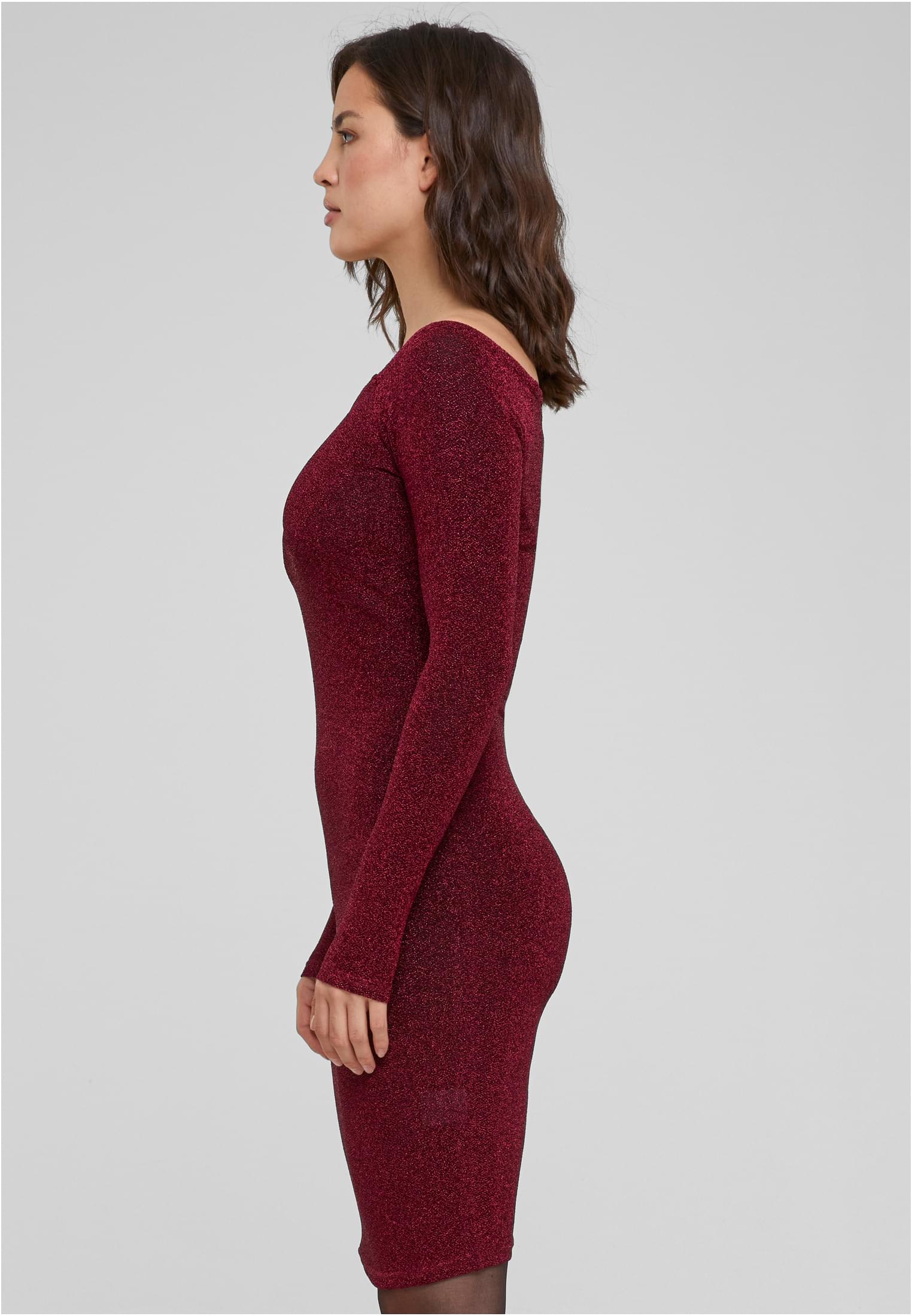 Ladies Off Shoulder Longsleeve Glitter Dress Urban Classics TB6144-00606 burgundy