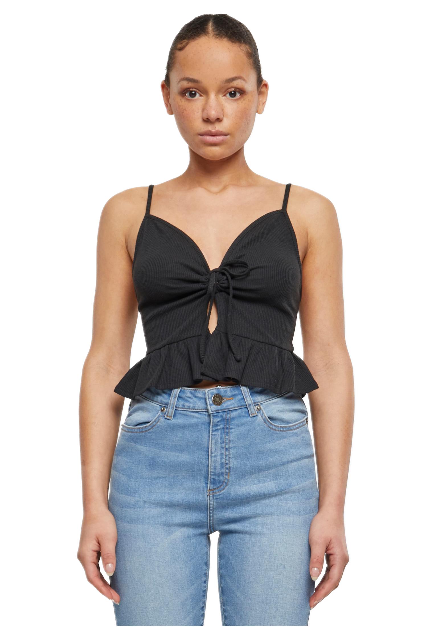 Ladies Waffle Pique Ruffle Top Urban Classics TB6871-00007 black