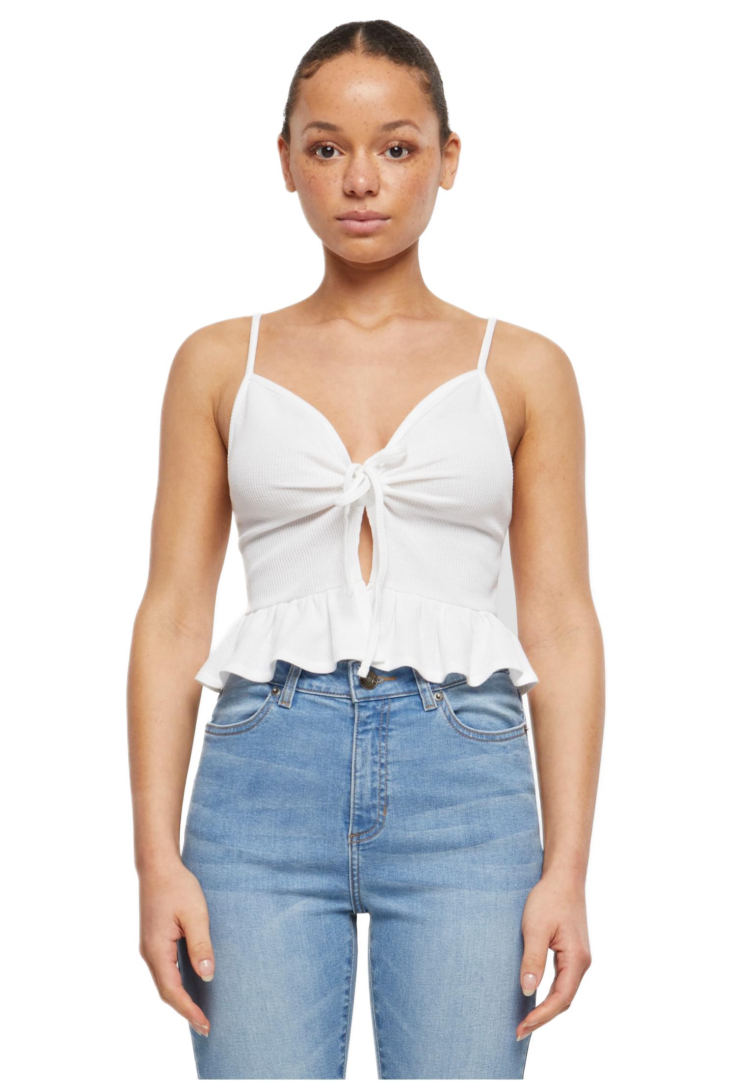 Ladies Waffle Pique Ruffle Top Urban Classics TB6871-00220 white