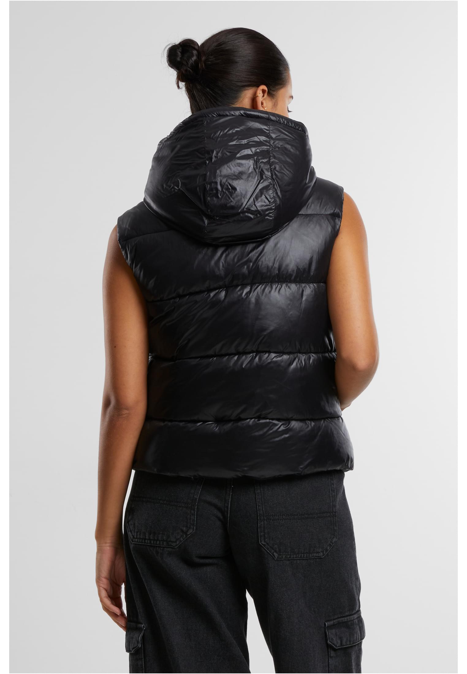 Ladies Recycled Shiny Puffer Vest with Hood Urban Classics TB7004-00007 Black