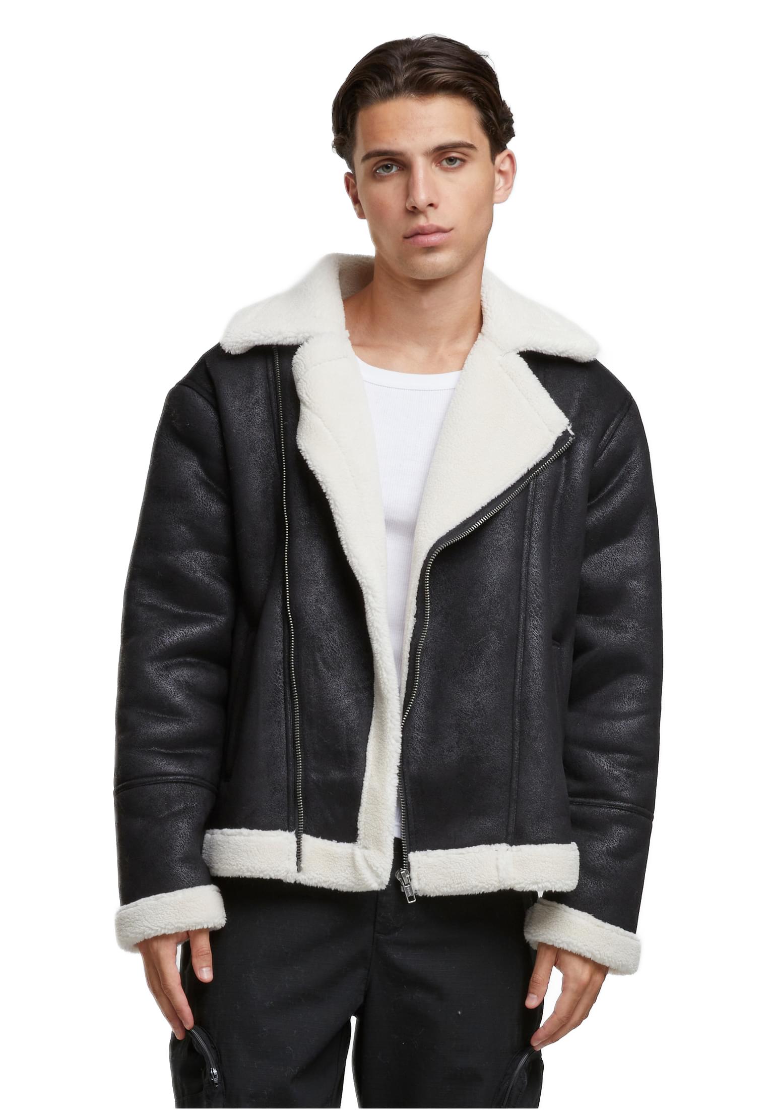 Shearling Biker Jacket TB7048-03275 Urban Classics black/whitesand