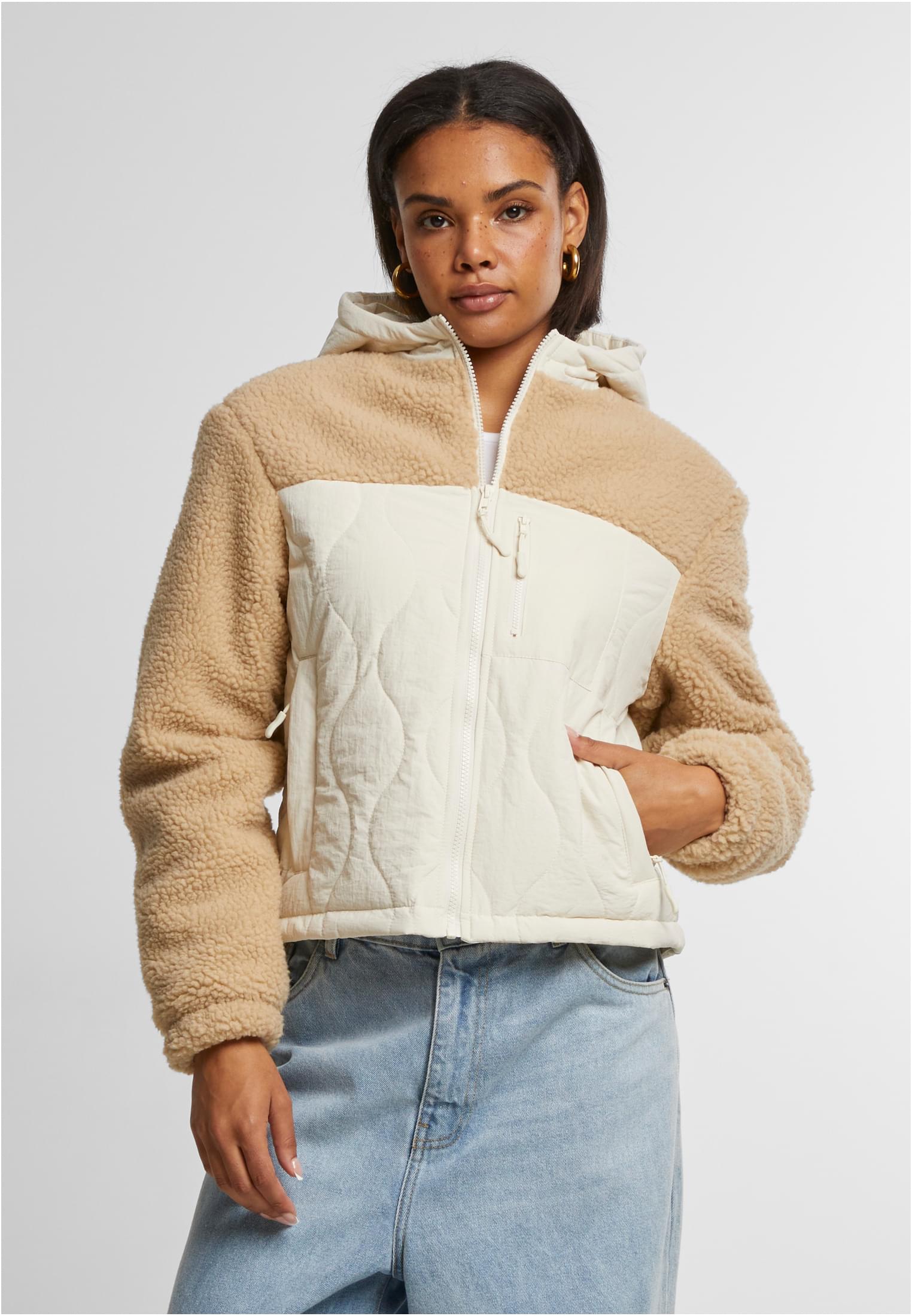Ladies Sherpa Crinkle Nylon Mix Jacket Urban Classics TB7071-04442 Unionbeige/Whitesand