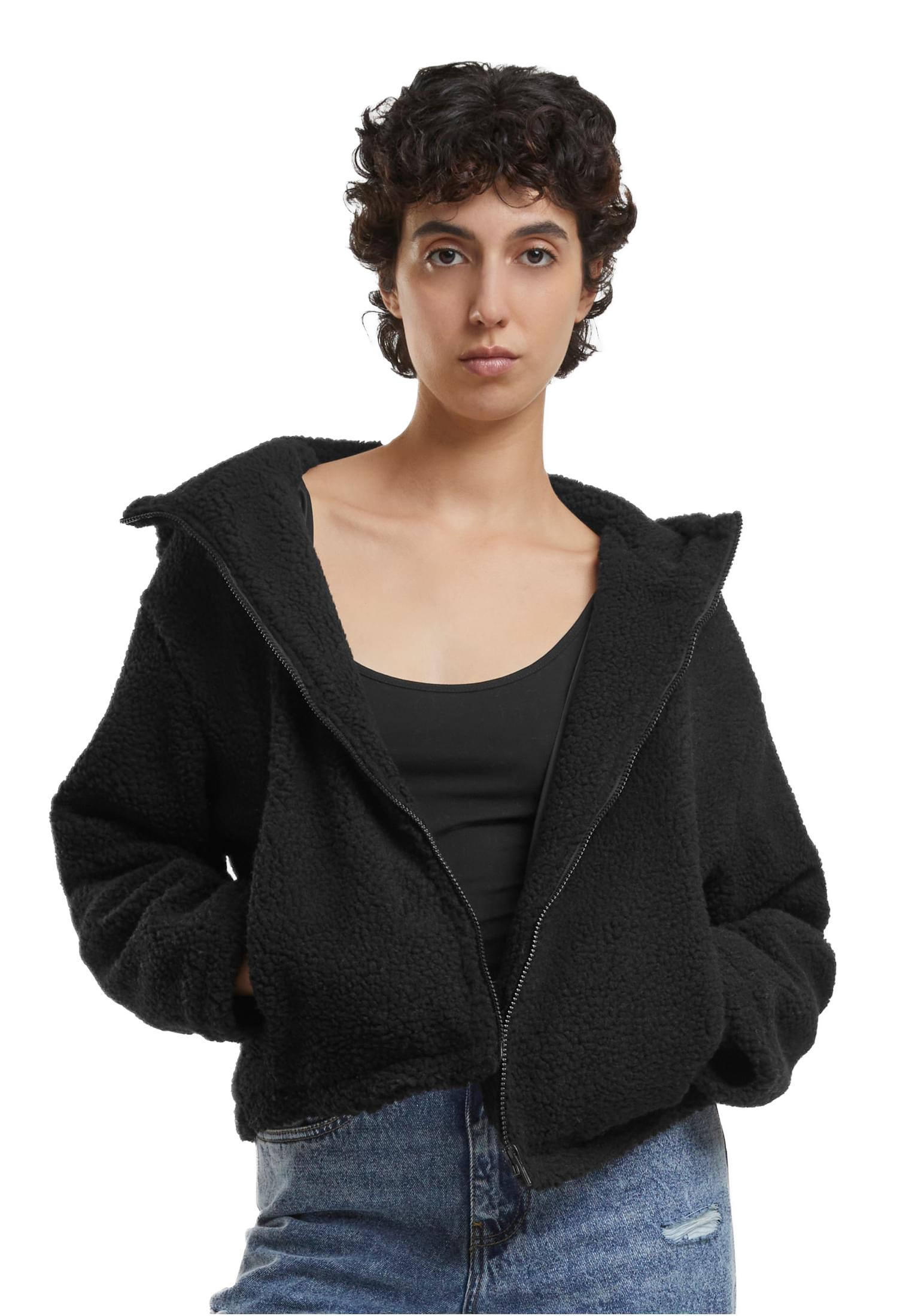 Ladies Short Hooded Sherpa Jacket Urban Classics TB7072-00007 Black