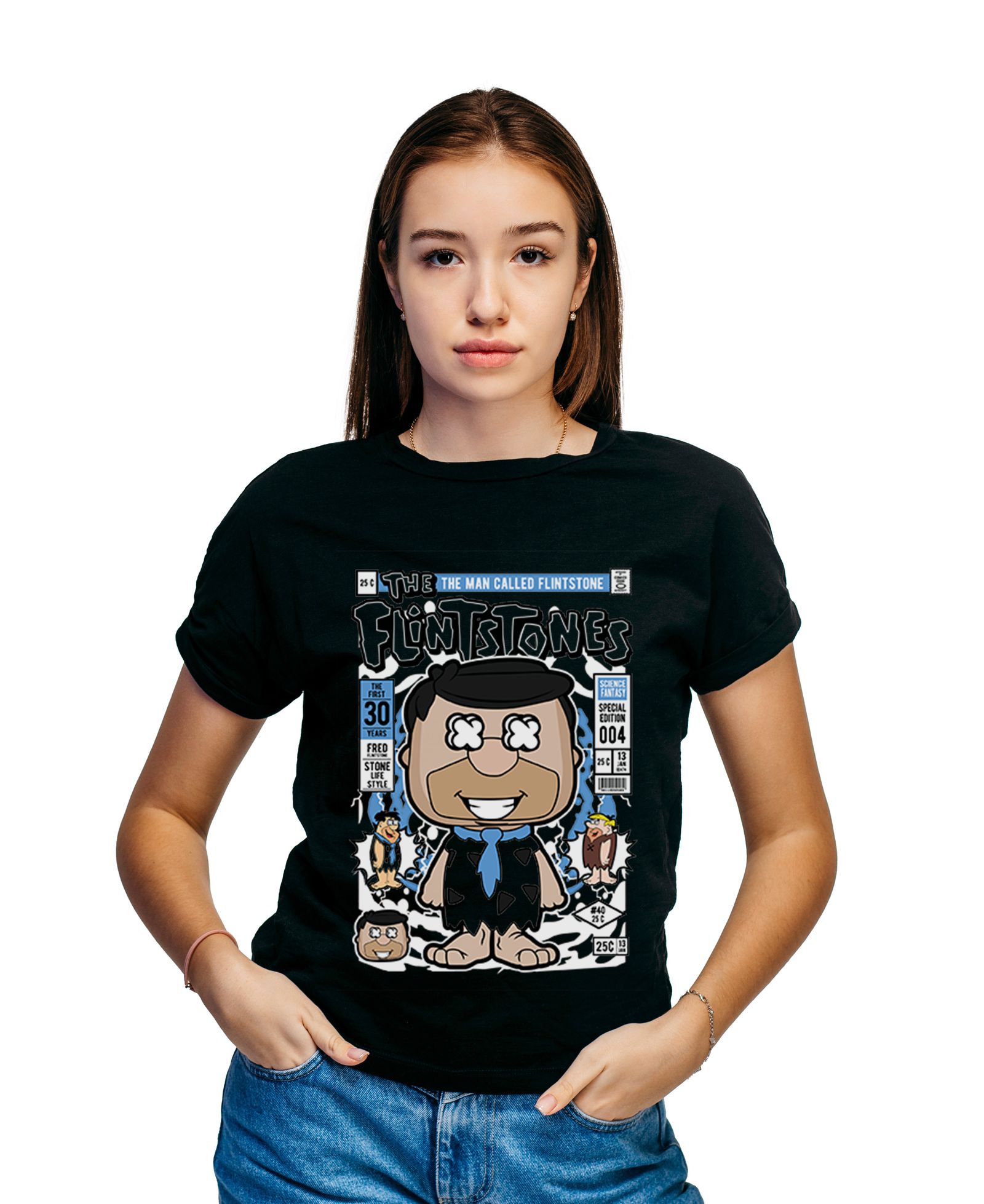T-Shirt Fred Flinstones Pop Culture Black ανδρικά Basic T-Shirts Simple Wear Μπλουζάκια κοντομάνικα