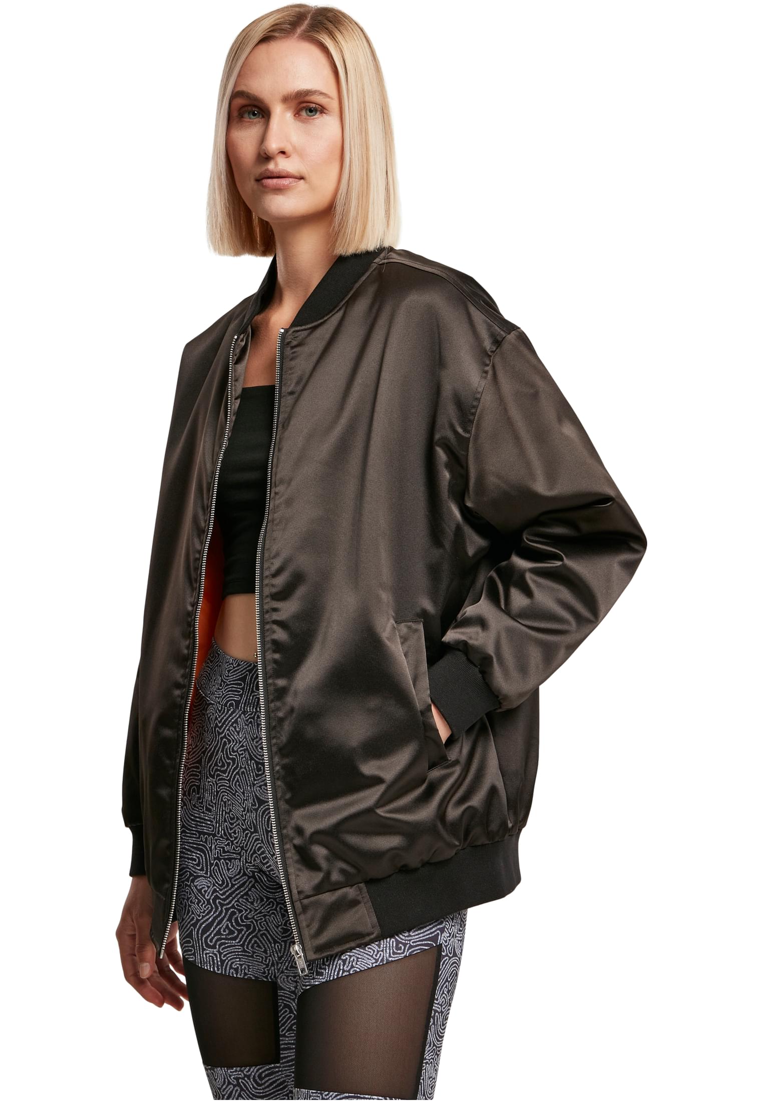 Ladies Oversized Satin Bomber Jacket UC Ladies TB4745 Black