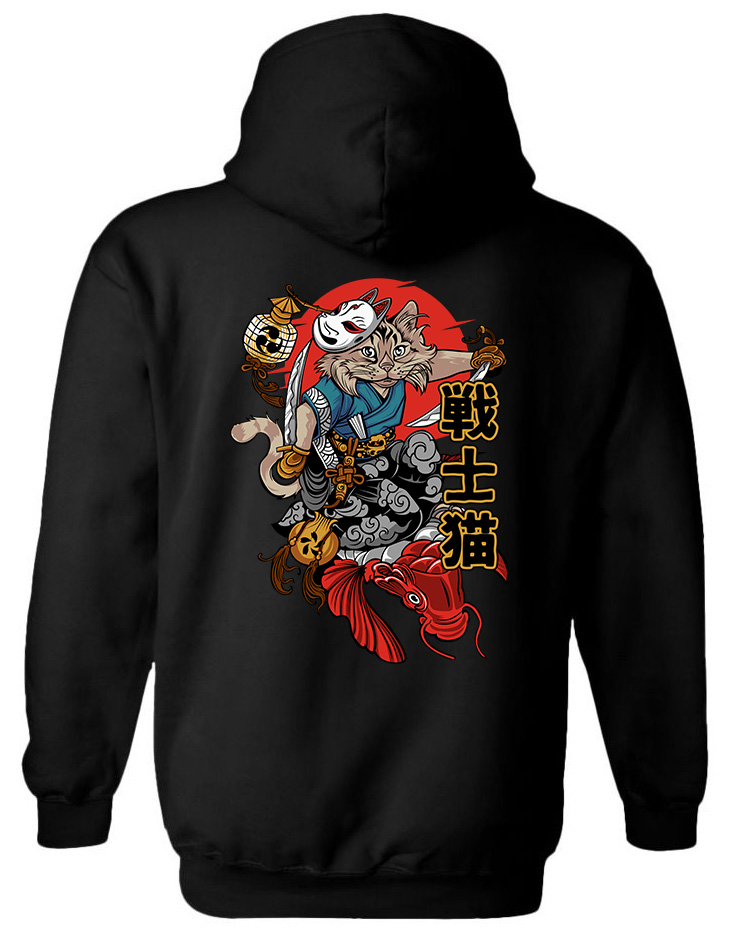 Hoodie Cat Samurai Pop Culture Black