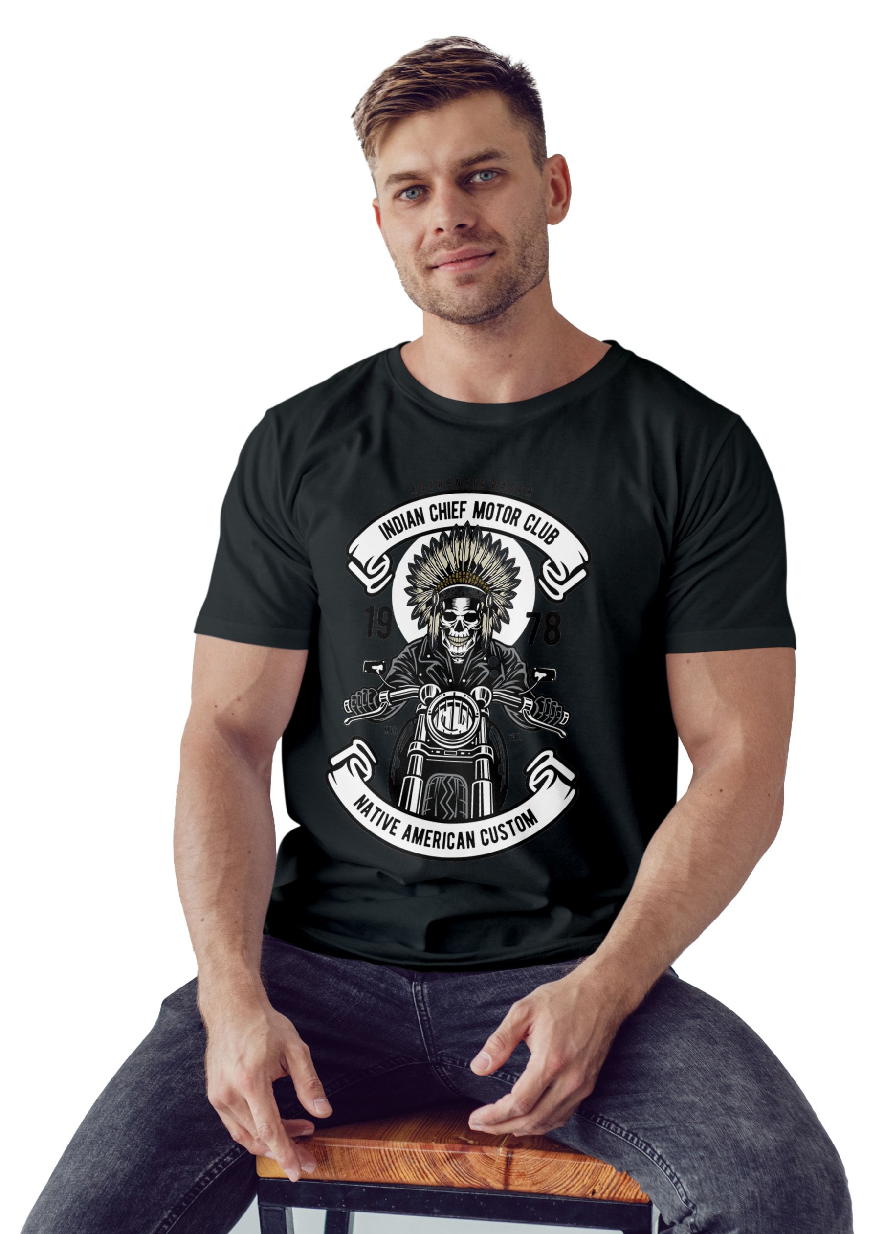 T-Shirt Indian Chief Biker Pop Culture Black ανδρικά Basic T-Shirts Simple Wear Μπλουζάκια κοντομάνικα