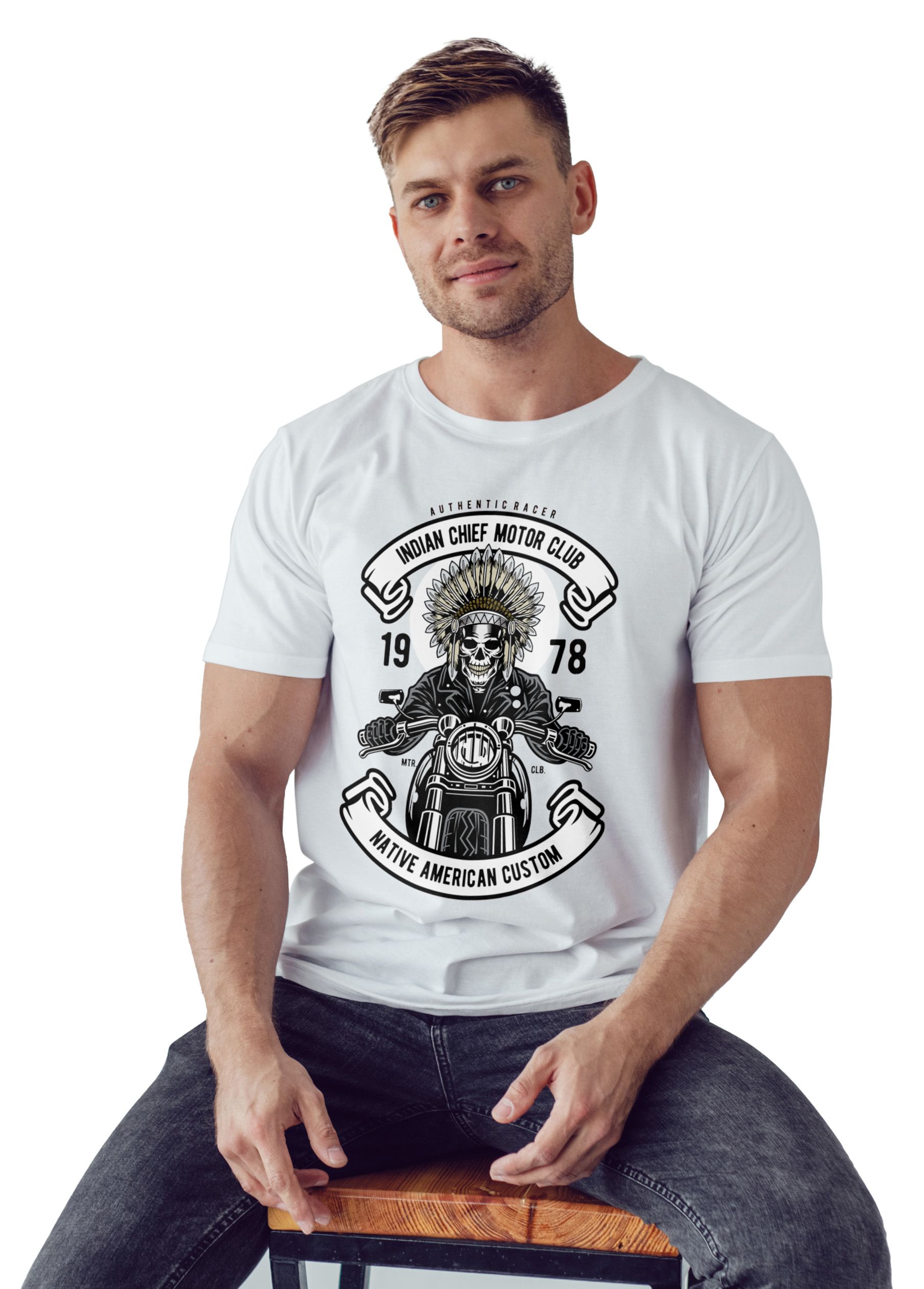T-Shirt Indian Chief Biker Pop Culture White ανδρικά Basic T-Shirts Simple Wear Μπλουζάκια κοντομάνικα