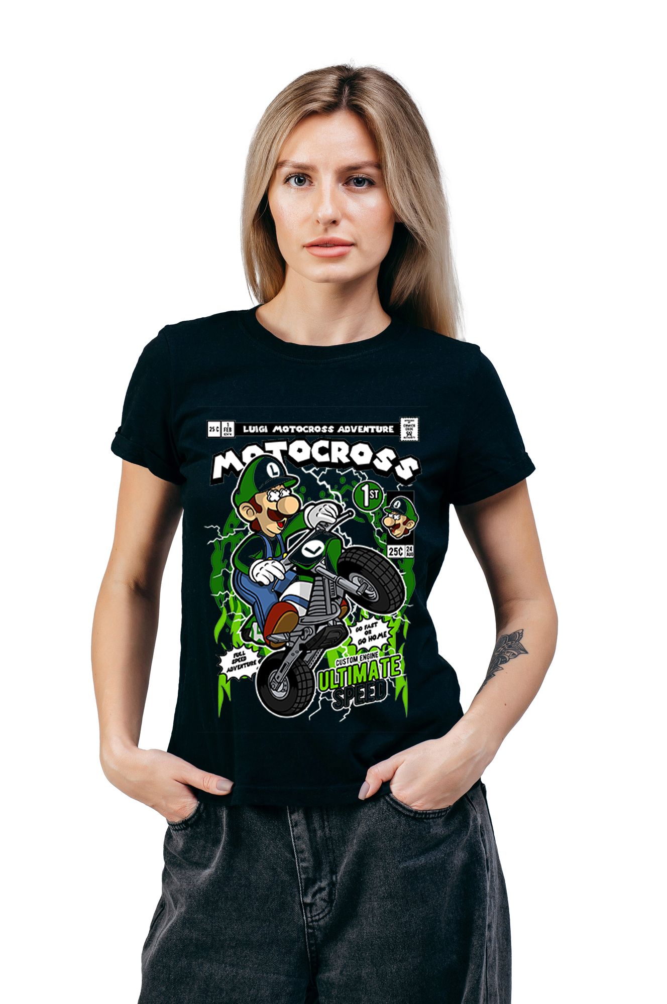T-Shirt Luigi Motocross Pop Culture Black ανδρικά Basic T-Shirts Simple Wear Μπλουζάκια κοντομάνικα
