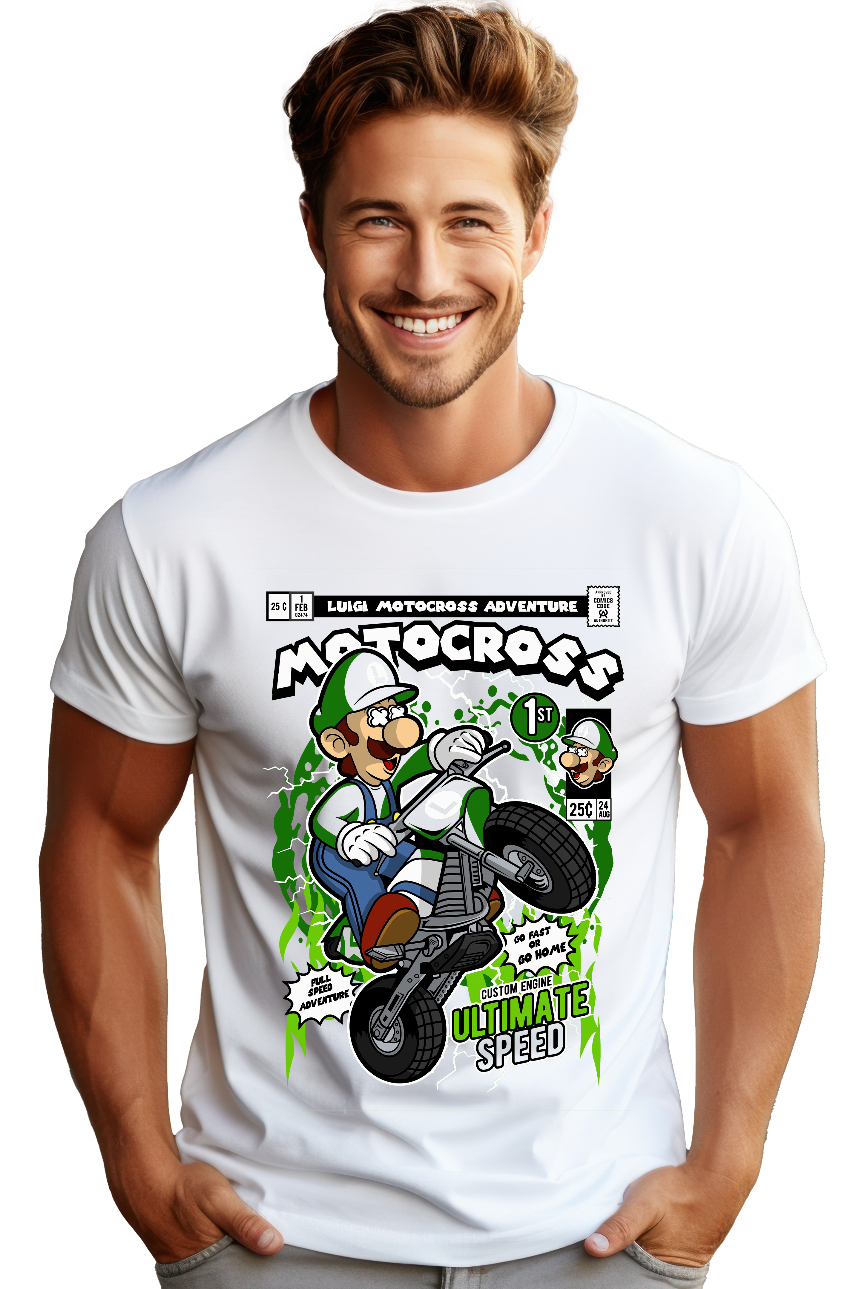 T-Shirt Luigi Motocross Pop Culture White ανδρικά Basic T-Shirts Simple Wear Μπλουζάκια κοντομάνικα