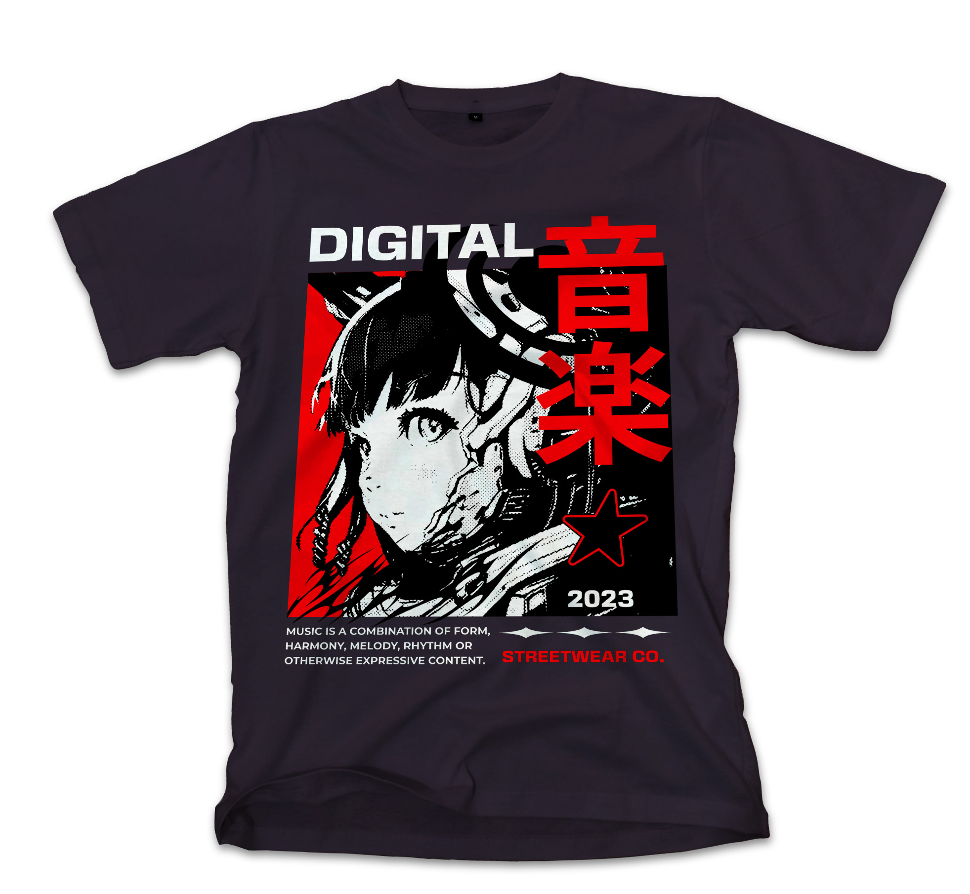 T-Shirt Digital Music Streetwear - Japanese Girl Anime Pop Culture Black