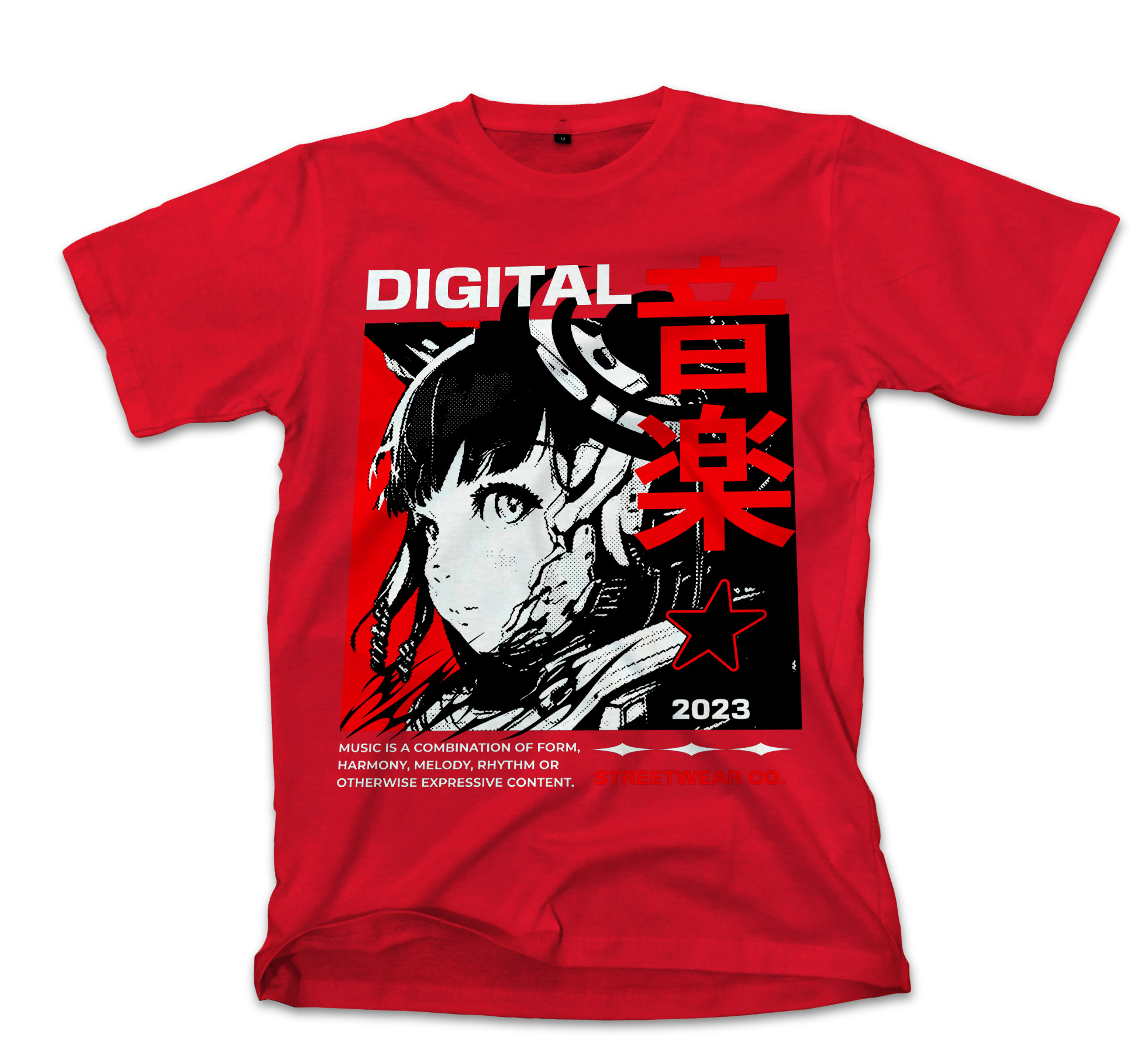 T-Shirt Digital Music Streetwear - Japanese Girl Anime Pop Culture Red