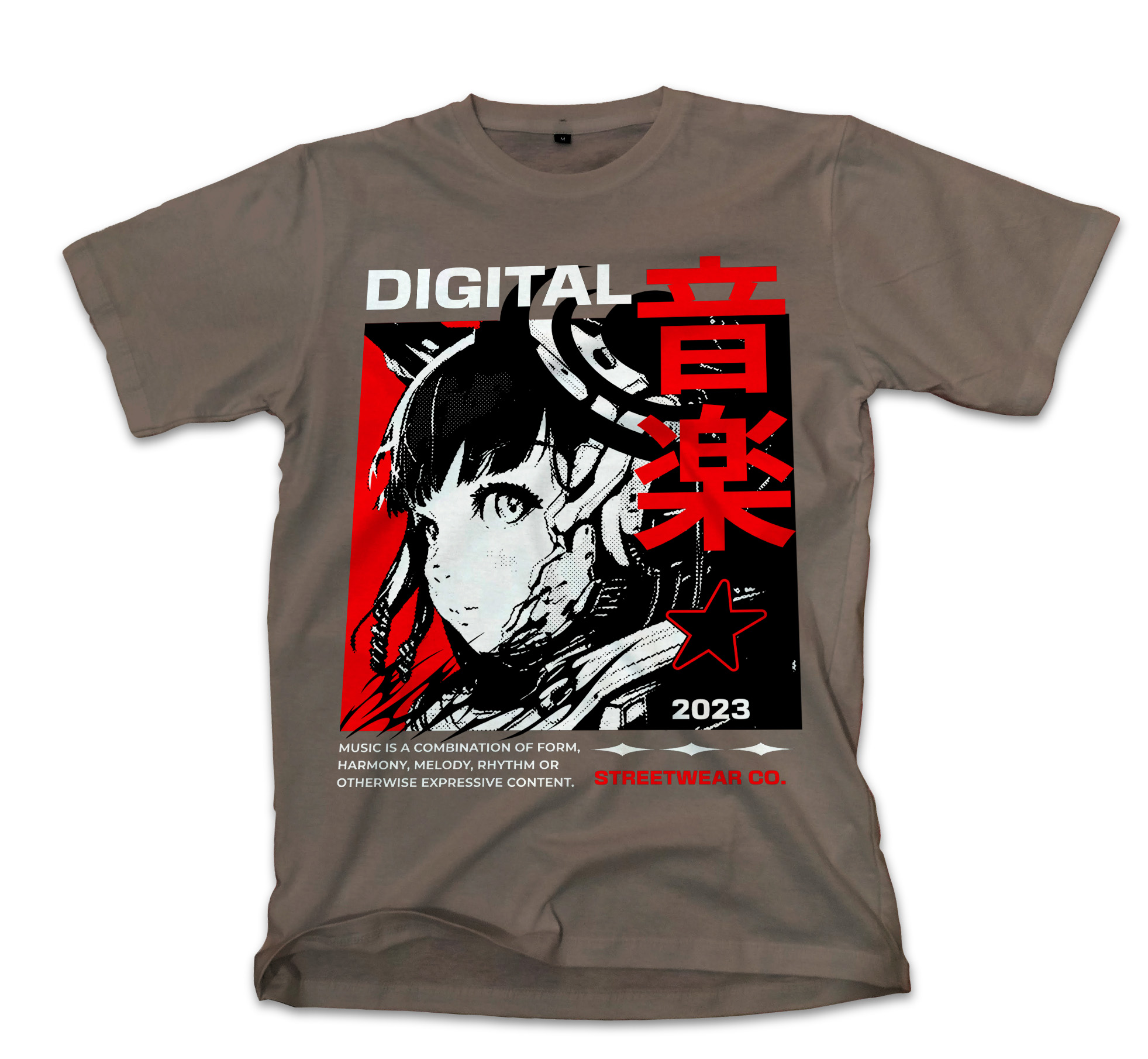T-Shirt Digital Music Streetwear - Japanese Girl Anime Pop Culture Military Green