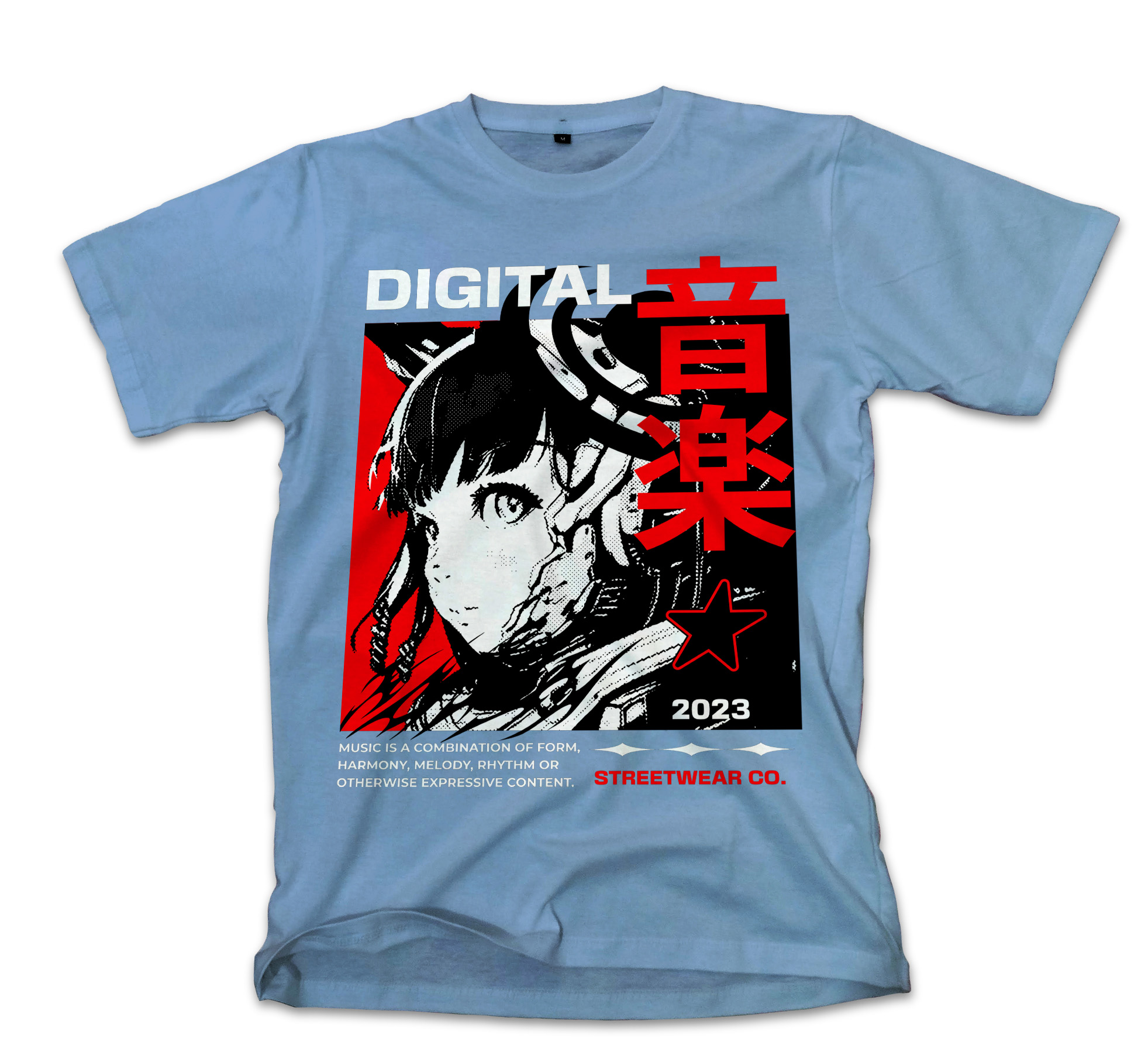 T-Shirt Digital Music Streetwear - Japanese Girl Anime Pop Culture Carolina Blue