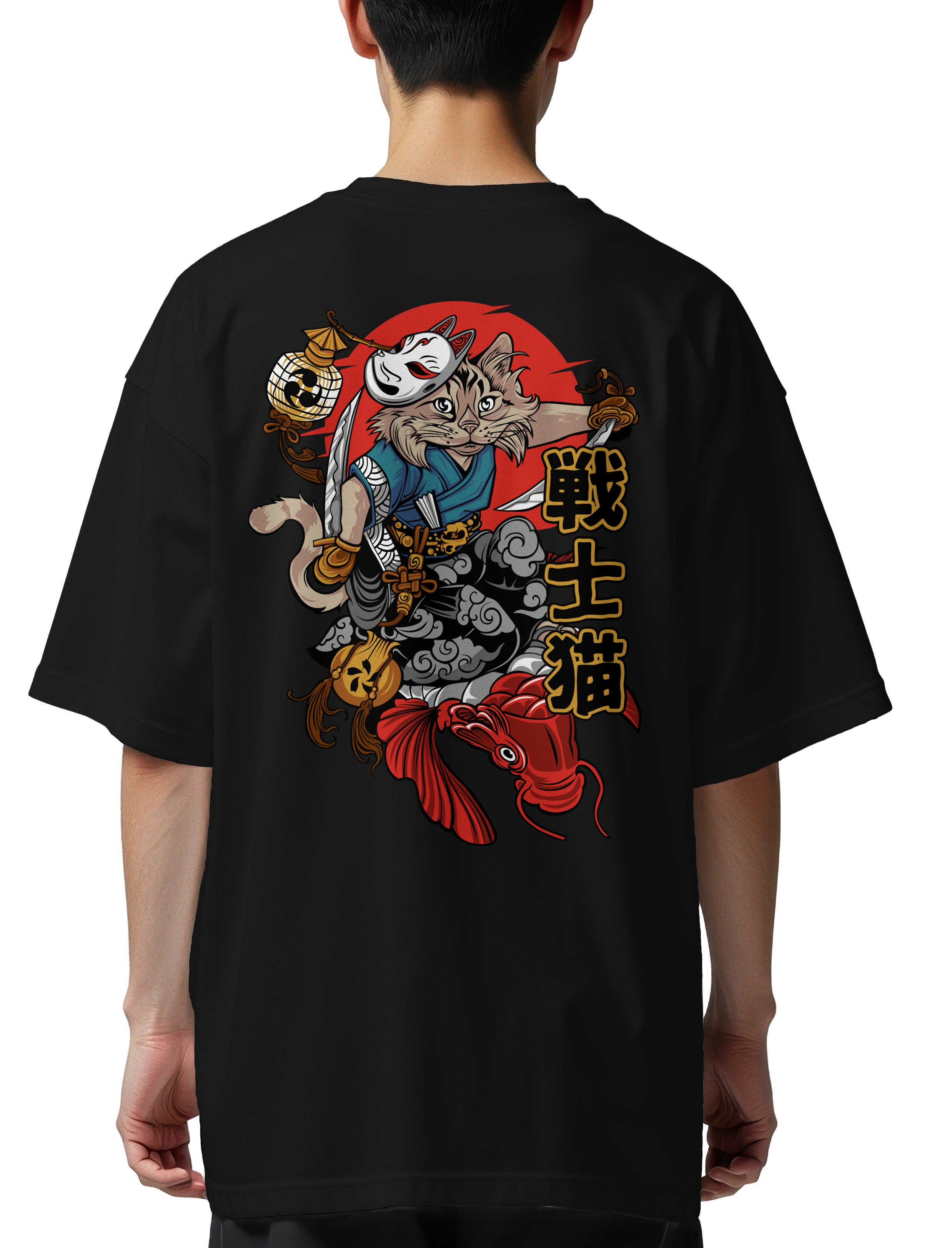 Oversized T-Shirt Cat Samurai Pop Culture Black