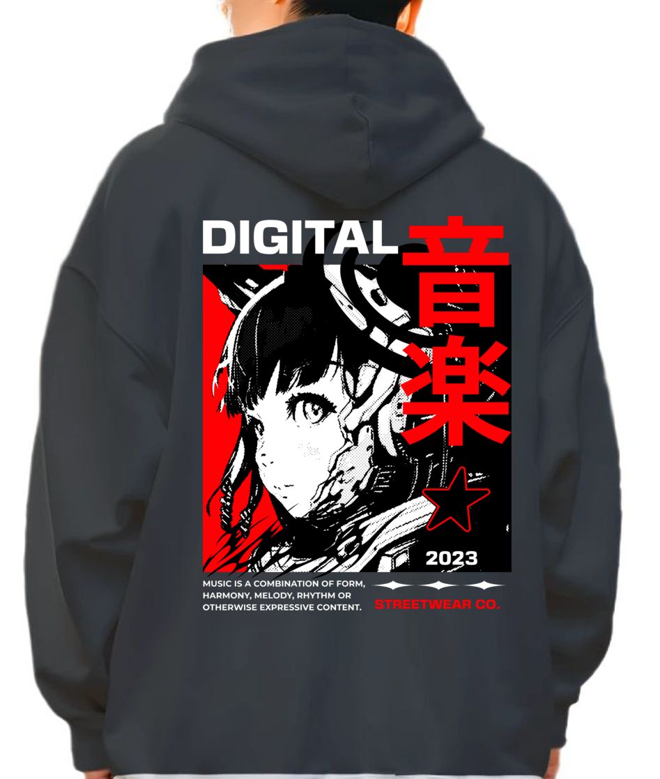 Hoodie Digital Music Streetwear - Japanese Girl Anime Pop Culture Black