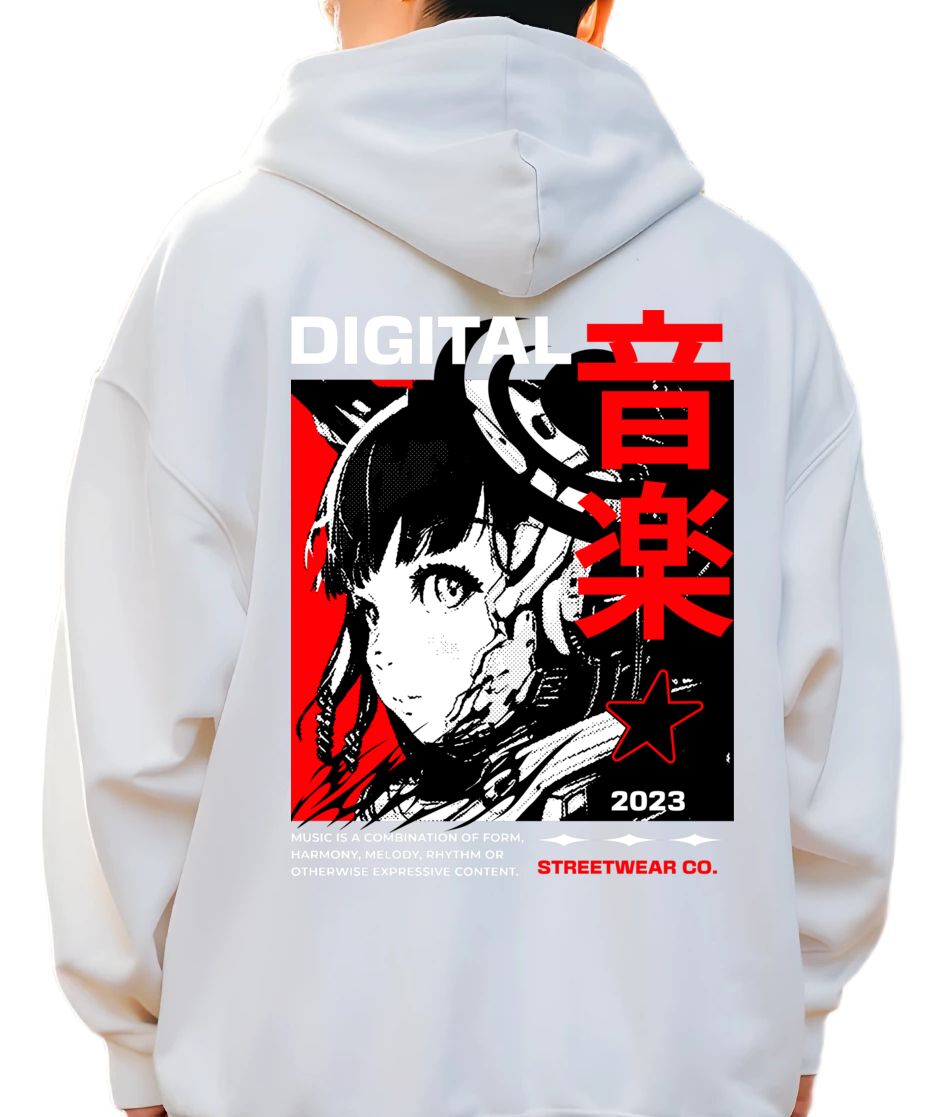 Hoodie Digital Music Streetwear - Japanese Girl Anime Pop Culture White