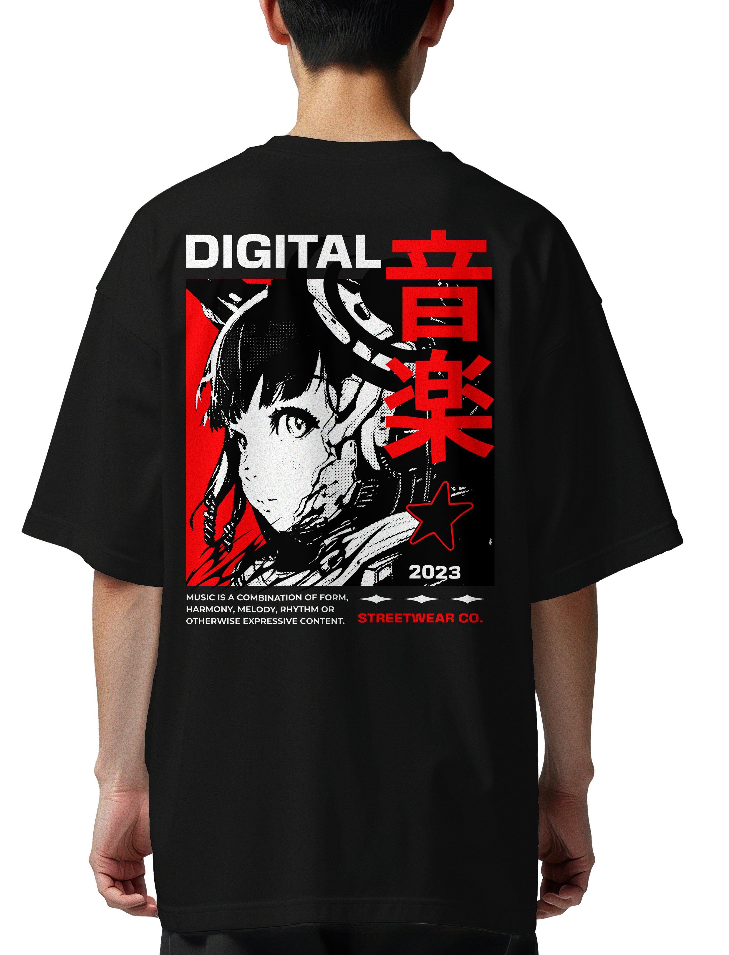 Oversized T-Shirt Digital Music Streetwear - Japanese Girl Anime Pop Culture Black
