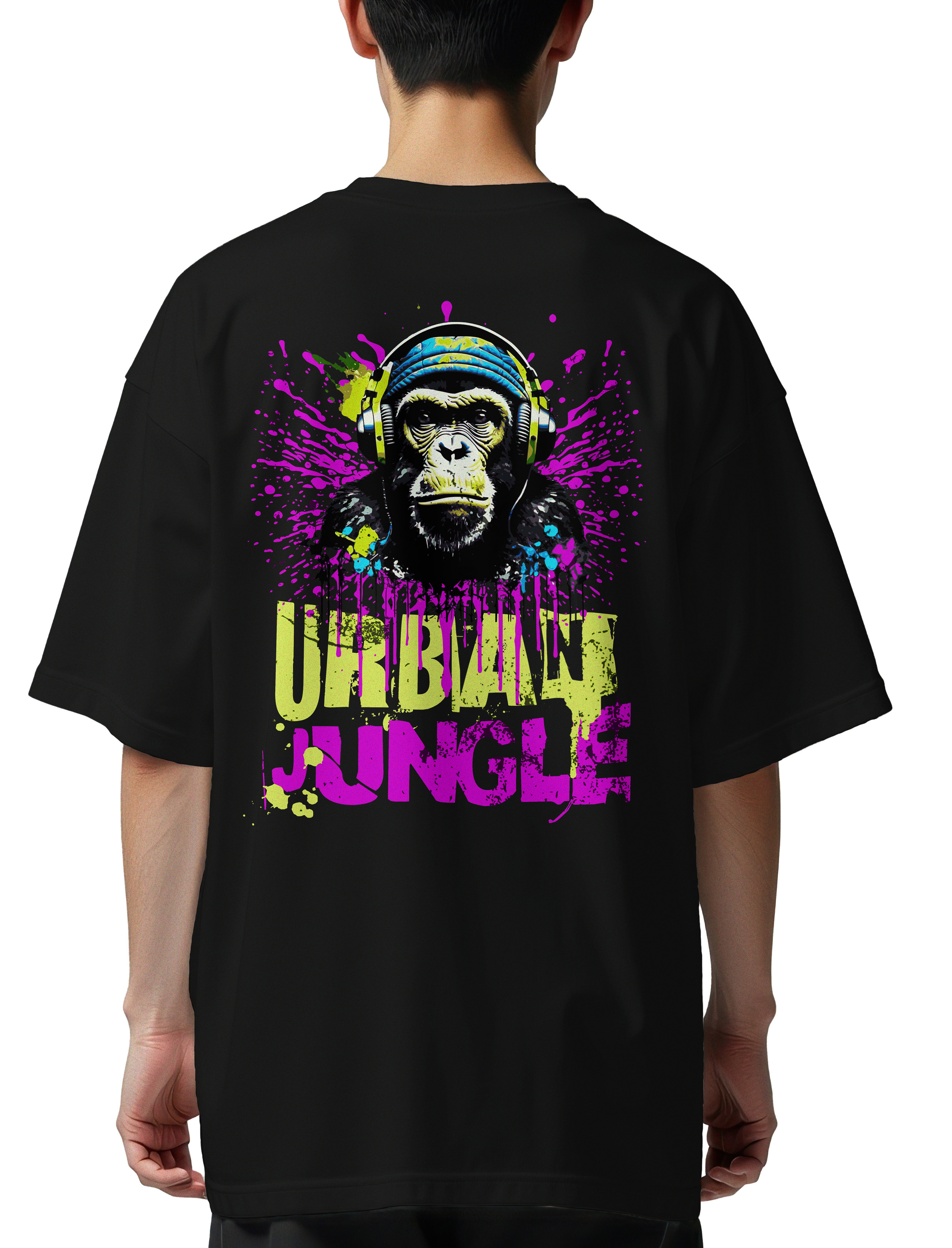 Oversized T-Shirt Urban Jungle Monkey in Headphones Street Art Pop Culture Black
