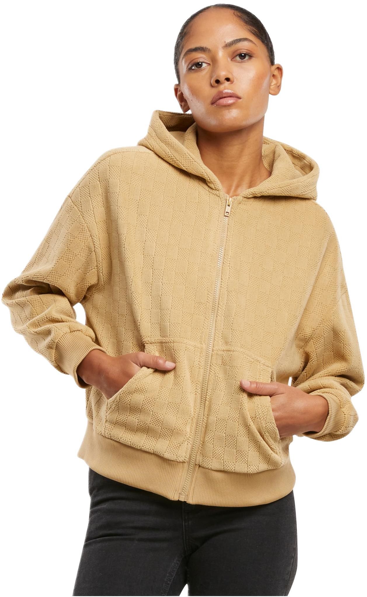 Γυναικείο Φούτερ με Κουκούλα και Φερμουάρ Ladies Jacquard Velvet Oversized Zip Hoody TB7121-03738 Urban Classics unionbeige