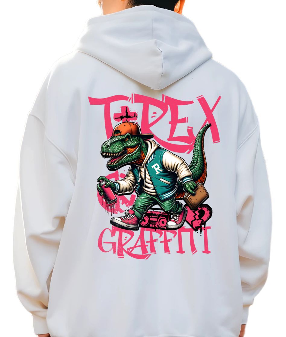Hoodie T-Rex Urban Hip-Hop Star Y2K Graffiti Streetwear Pop Culture White
