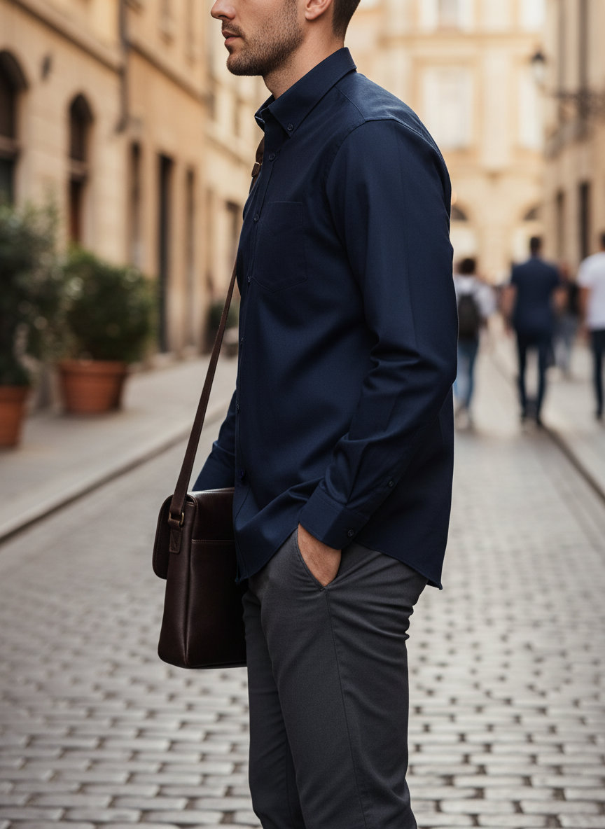 Ανδρικό Πουκάμισο Oxford Μακρυμάνικο 0R932M0 Russell Collection Bright Navy ανδρικά Πουκάμισα Simple Wear