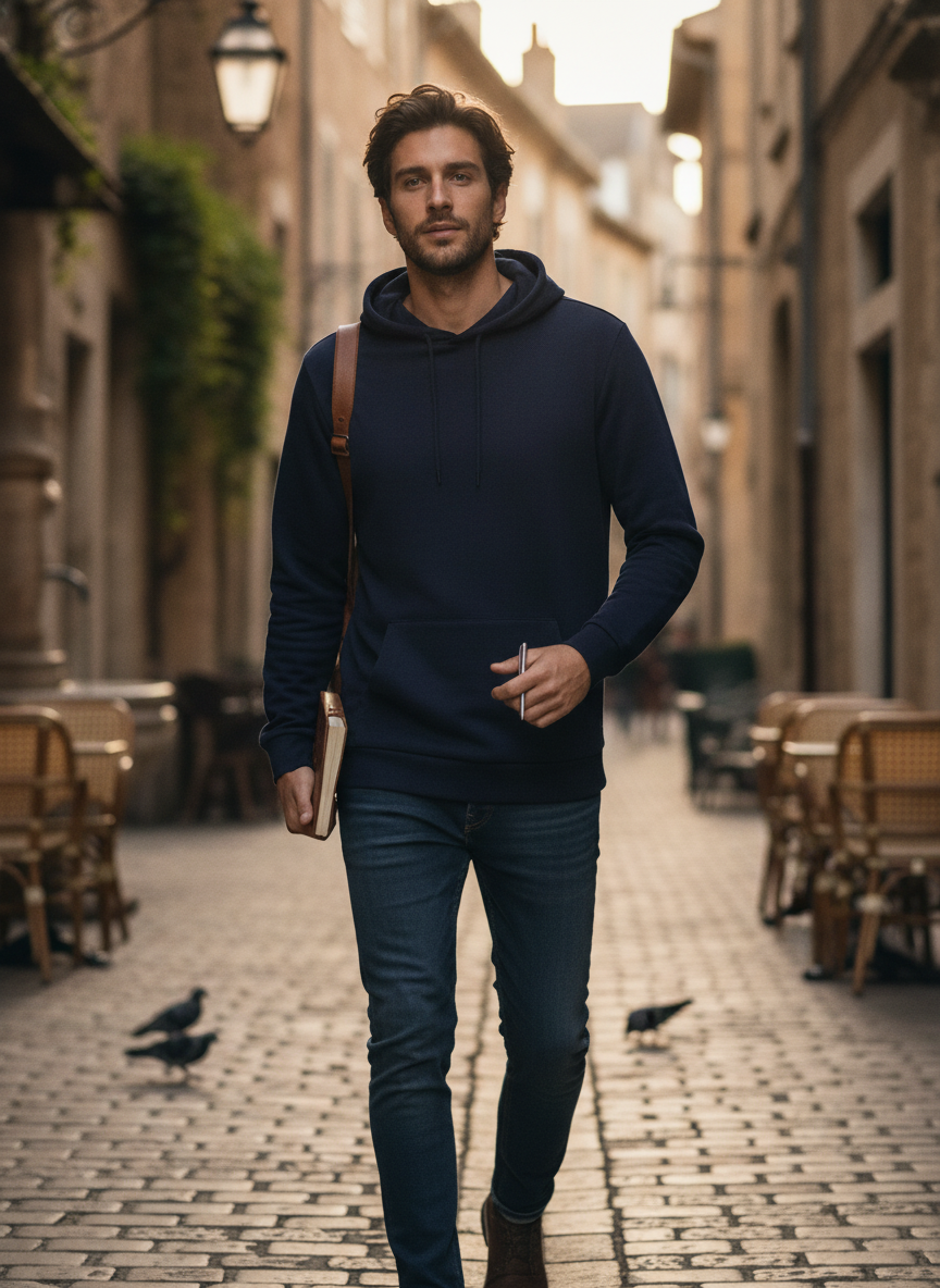 Φούτερ Hoodie Wu03W B C French Terry Navy Blue ανδρικά Simple Wear