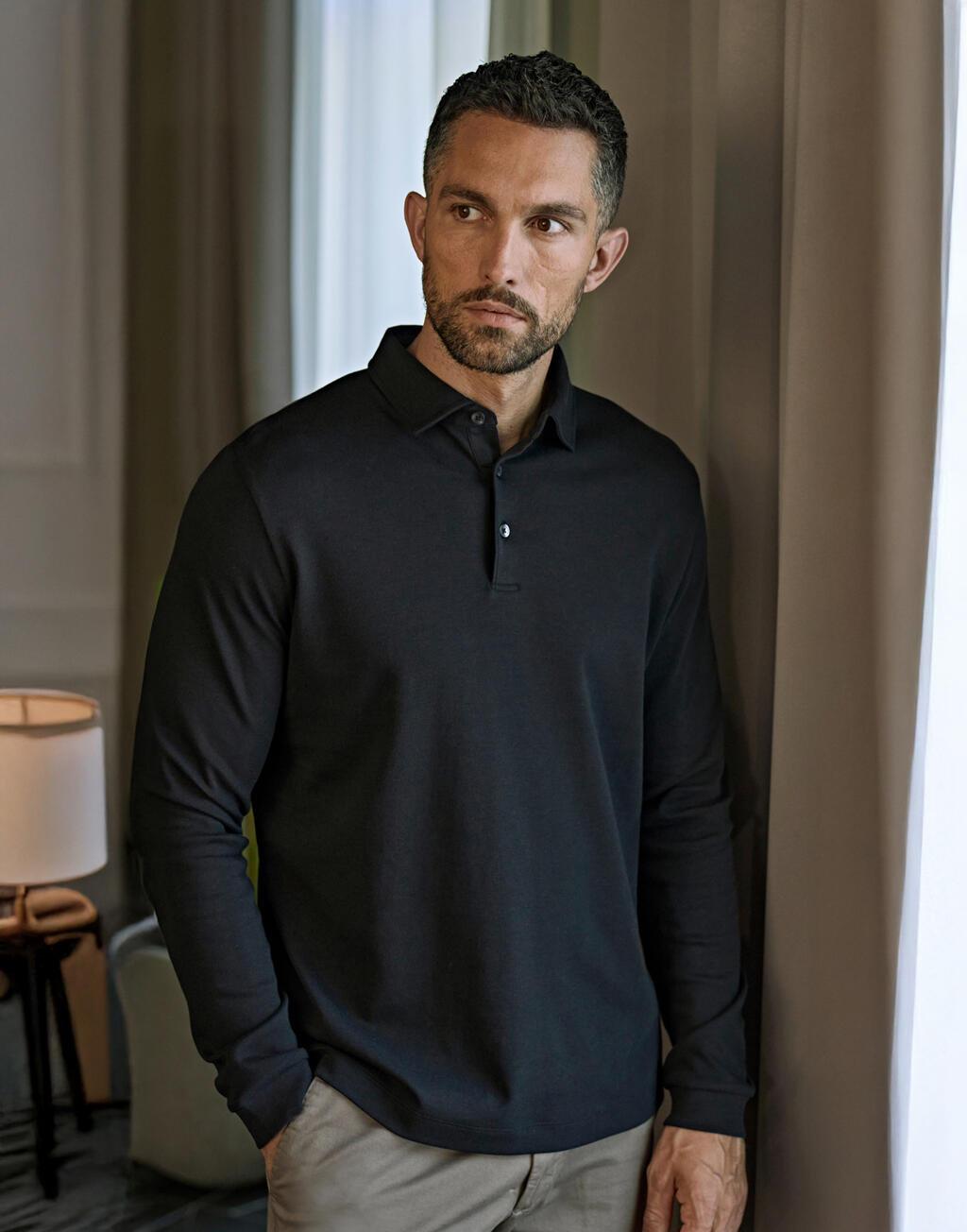 Pima Cotton Long Sleeve Polo με Προσαρμοσμένη Εφαρμογή 1442 Tee Jays Black ανδρικά Μπλούζες Simple Wear