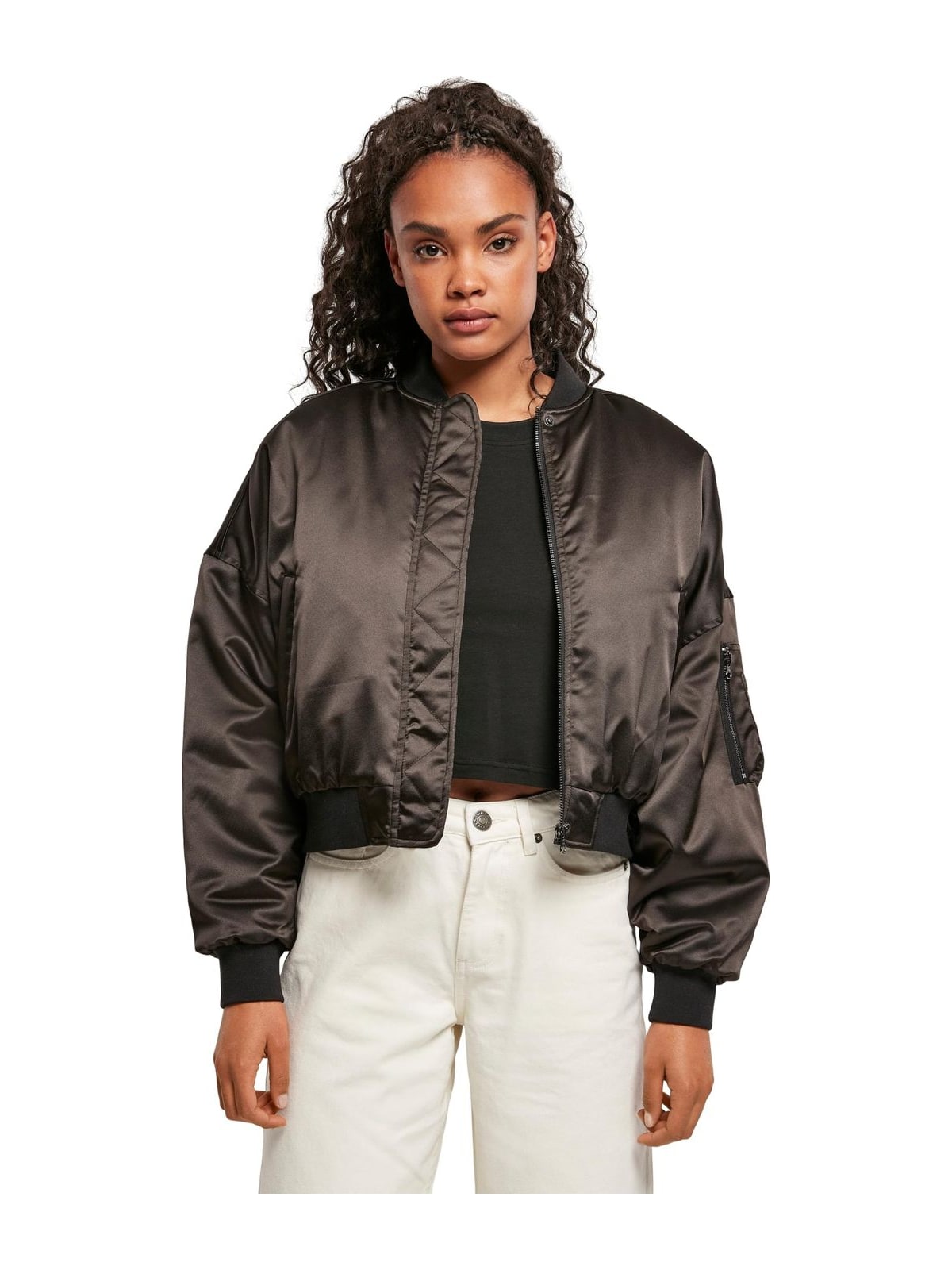 Ladies Short Oversized Satin Bomber Jacket Urban Classics TB4542 Black