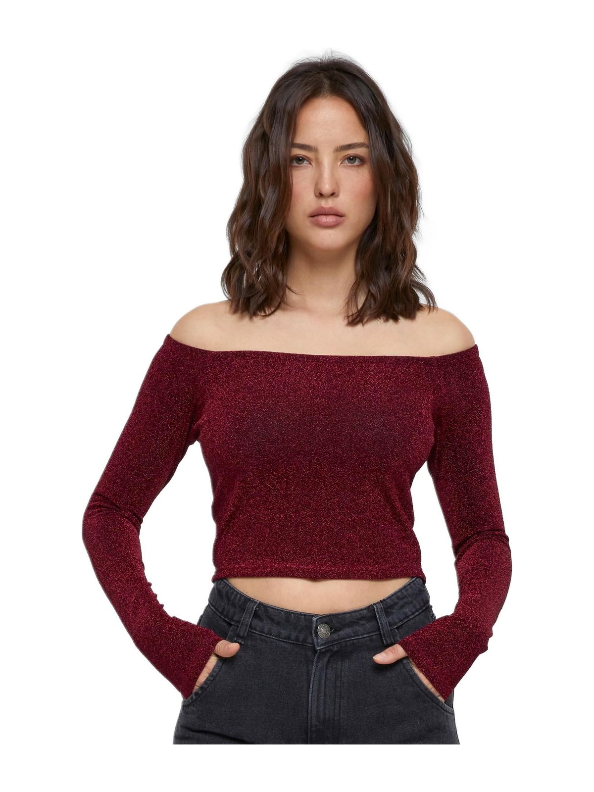 Γυναικεία Μακρυμάνικη Μπλούζα Glitter Off Shoulder TB6125-00606 Urban Classics Burgundy