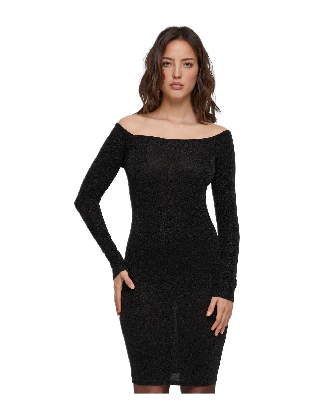 Ladies Off Shoulder Longsleeve Glitter Dress Urban Classics TB6144-00007 black