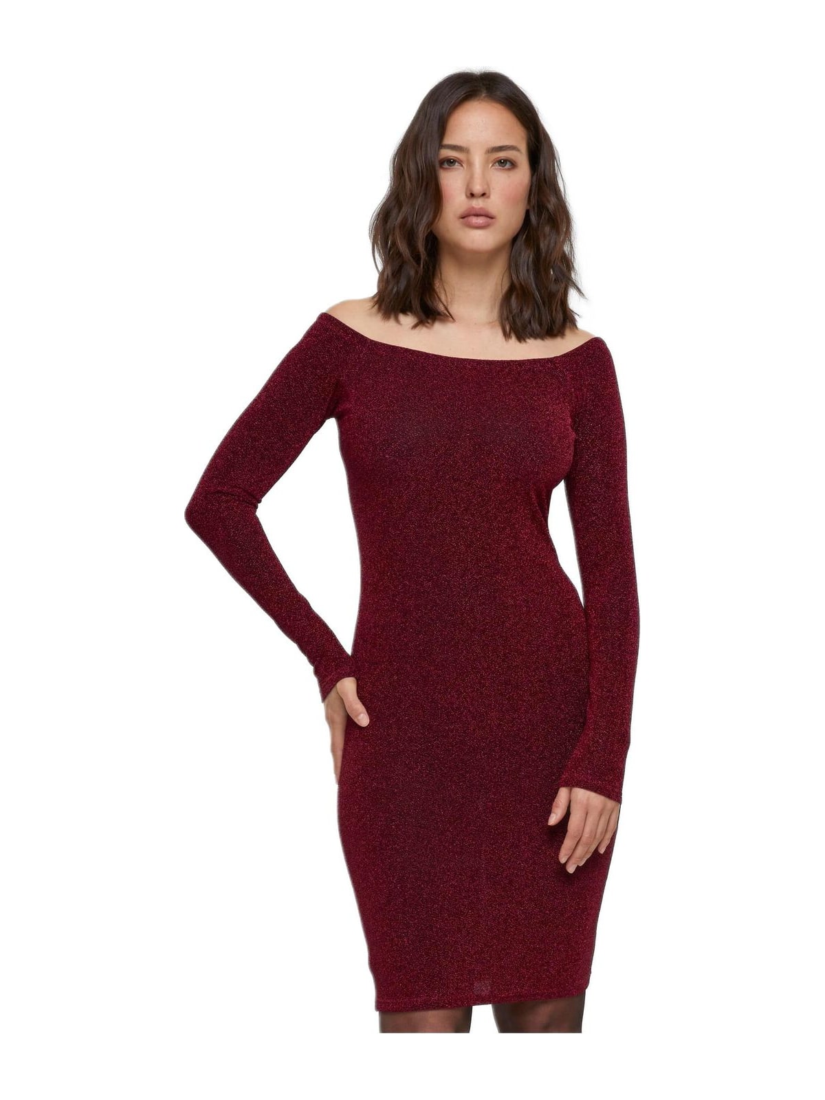 Ladies Off Shoulder Longsleeve Glitter Dress Urban Classics TB6144-00606 burgundy