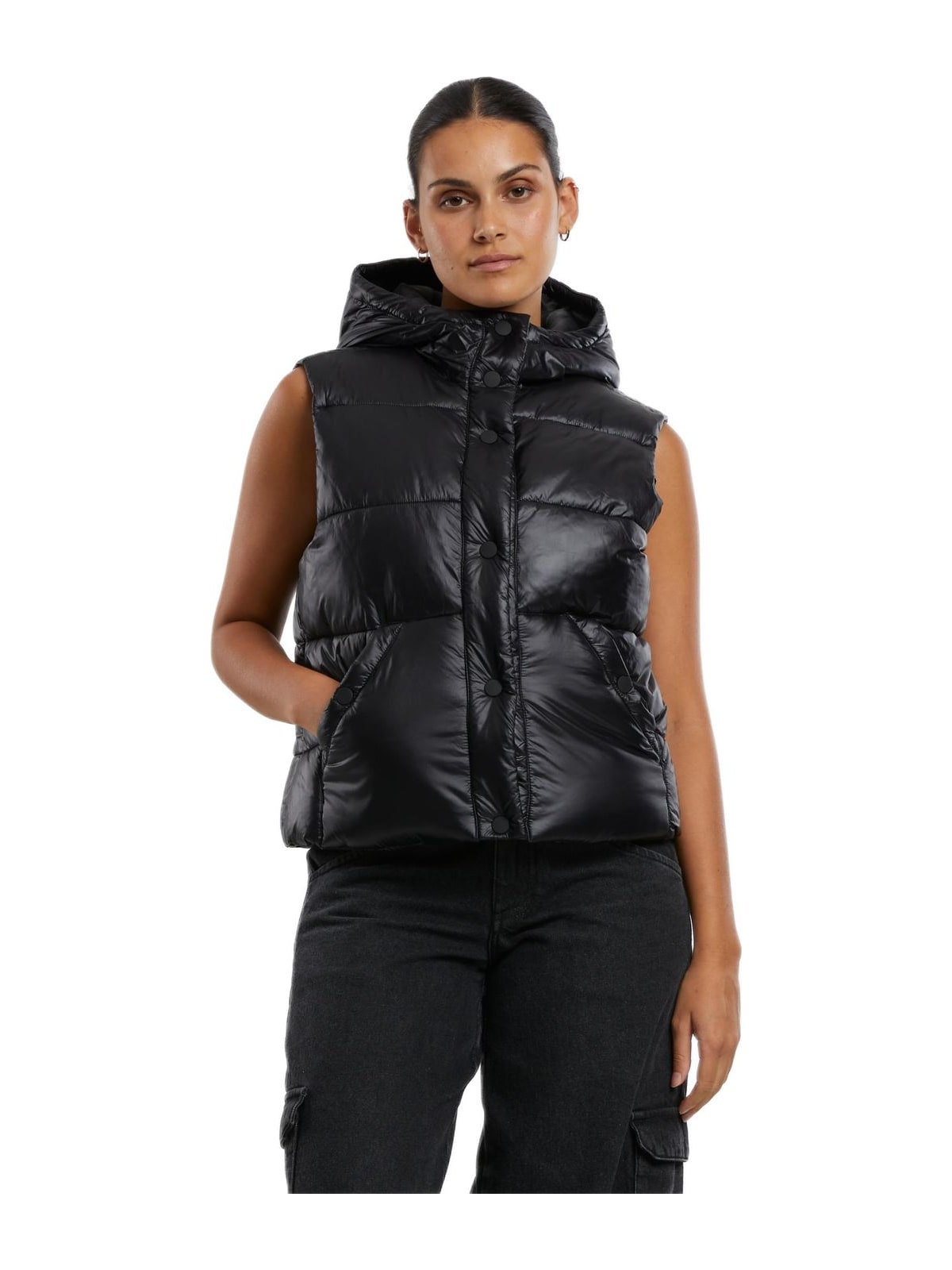 Ladies Recycled Shiny Puffer Vest with Hood Urban Classics TB7004-00007 Black