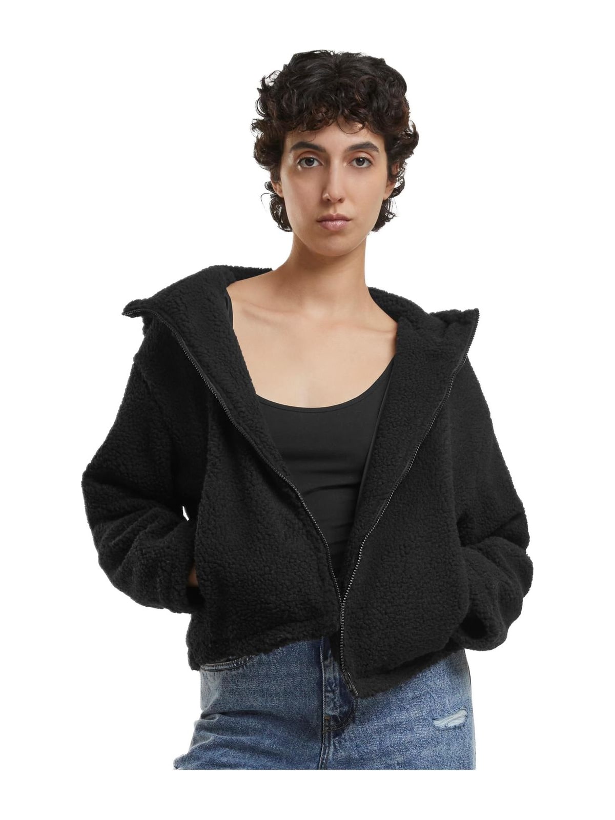 Ladies Short Hooded Sherpa Jacket Urban Classics TB7072-00007 Black