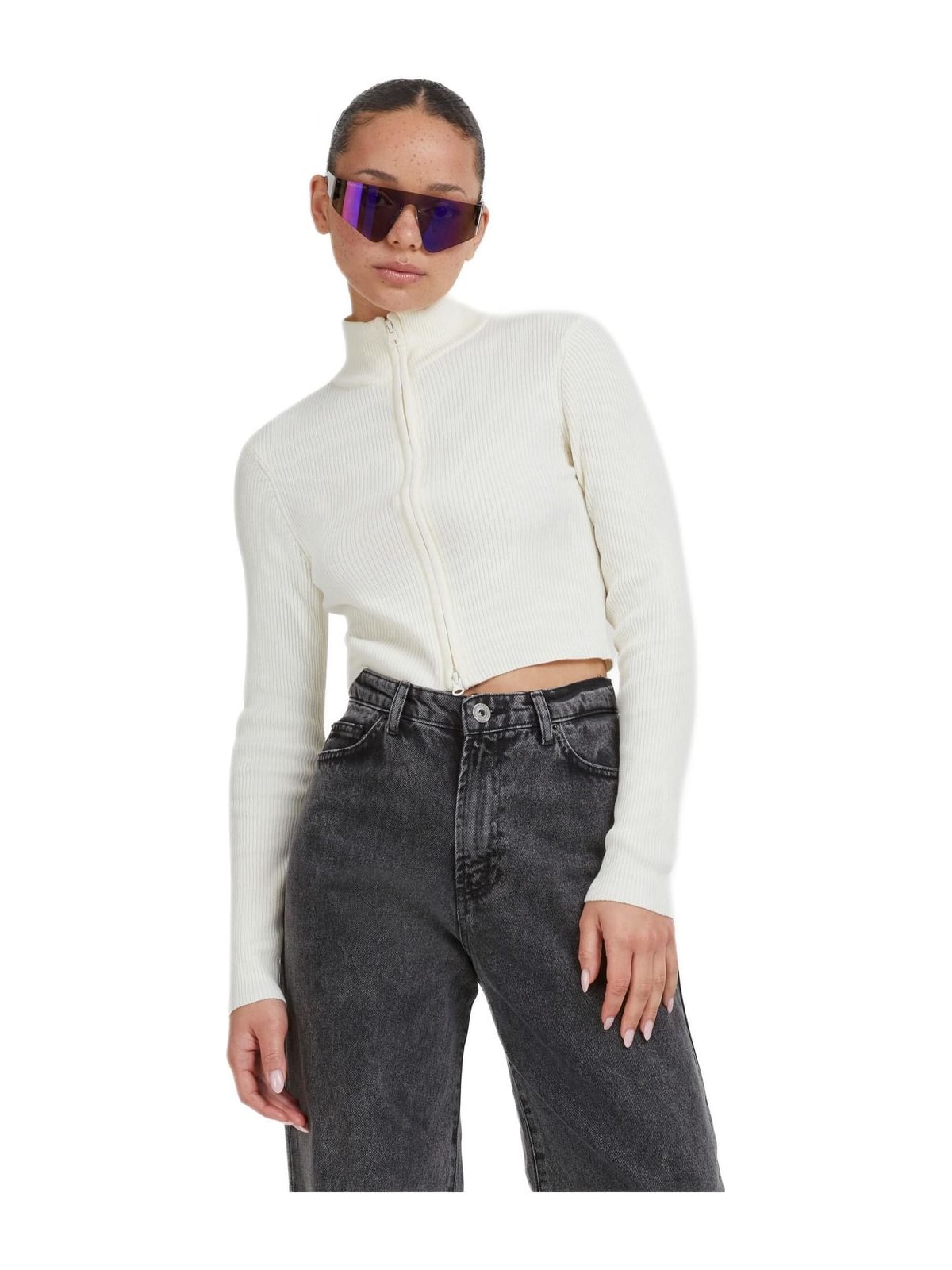 Γυναικεία Πλεκτή Ζακέτα Cropped με Φερμουάρ TB5089-02903 Urban Classics Whitesand