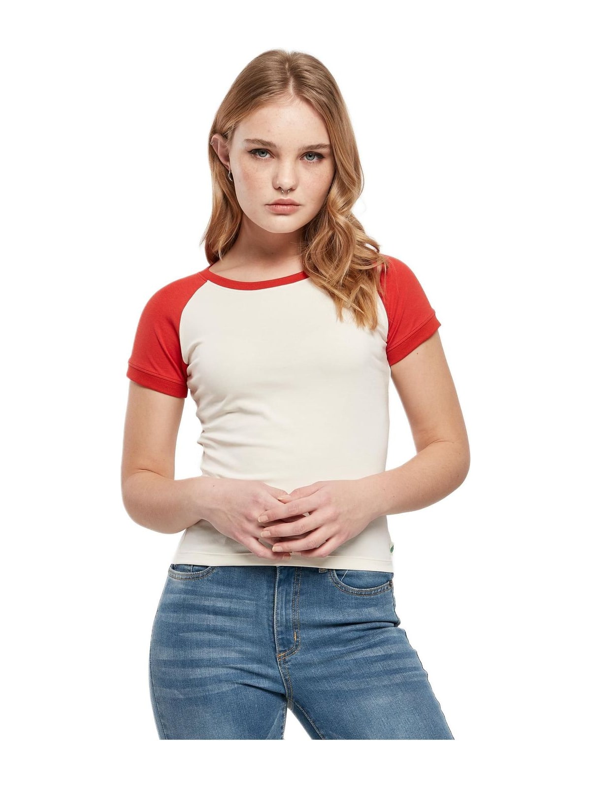 Ladies Organic Stretch Short Retro Baseball Tee Urban Classics TB5075-04016 whitesand/hugered