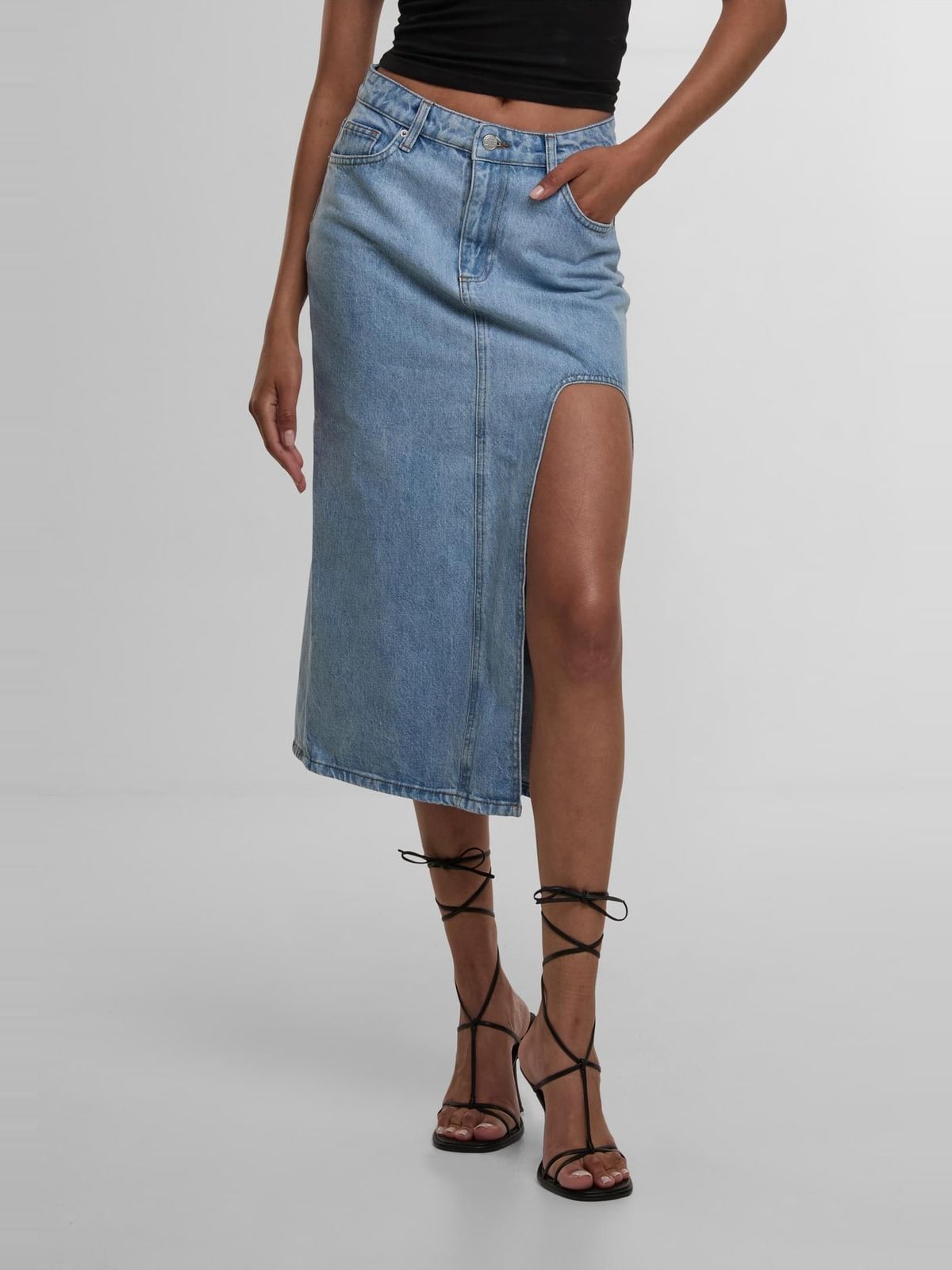 Midi denim φούστα Queens με βαθιά πλαϊνή σχισμή DFLSK014-00344 DEF lightblue