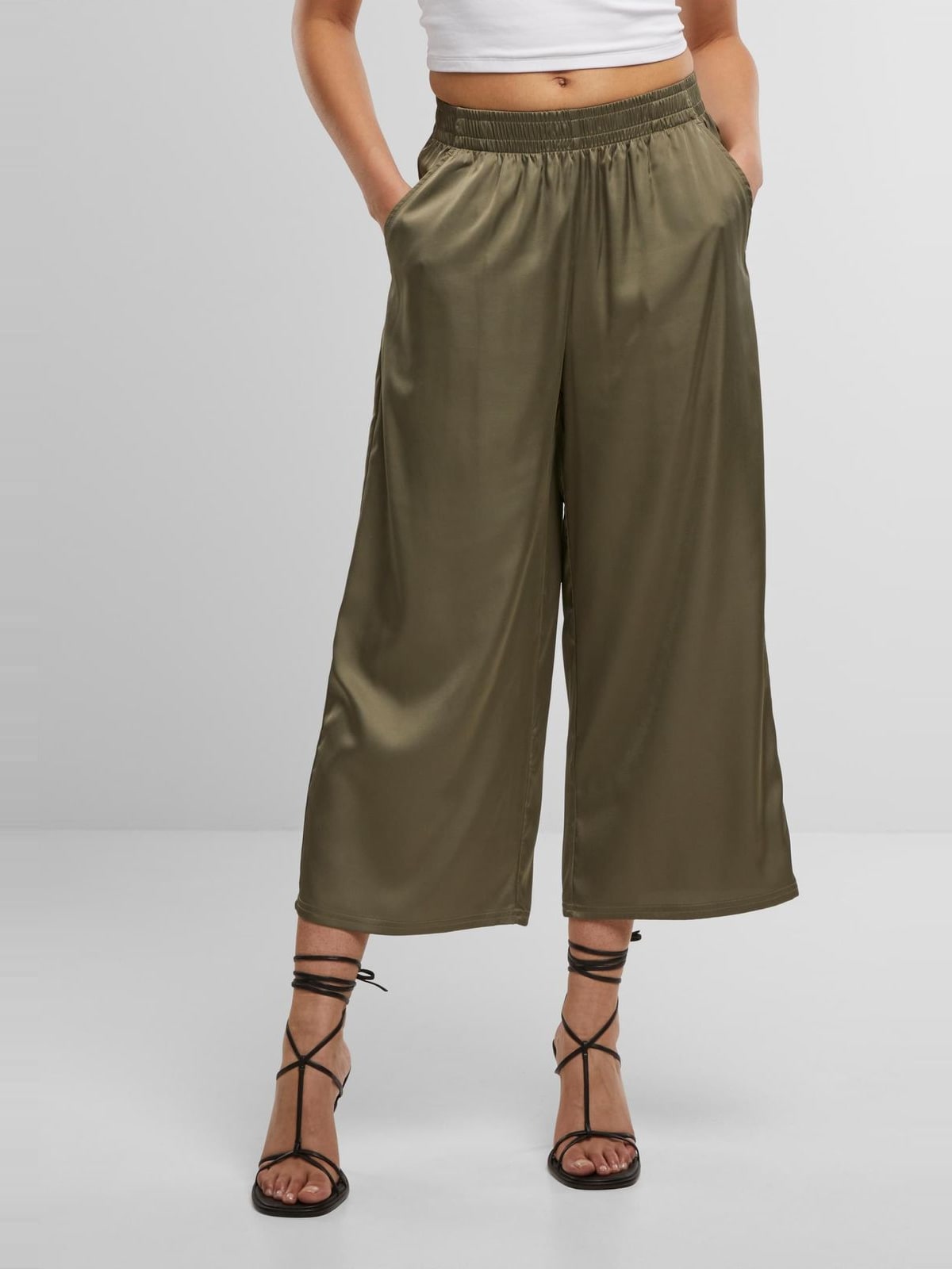 Γυναικεία παντελόνια culottes Ladies Satin Wide Leg με ελαστική μέση TB7488-18328 Urban Classics paleolive