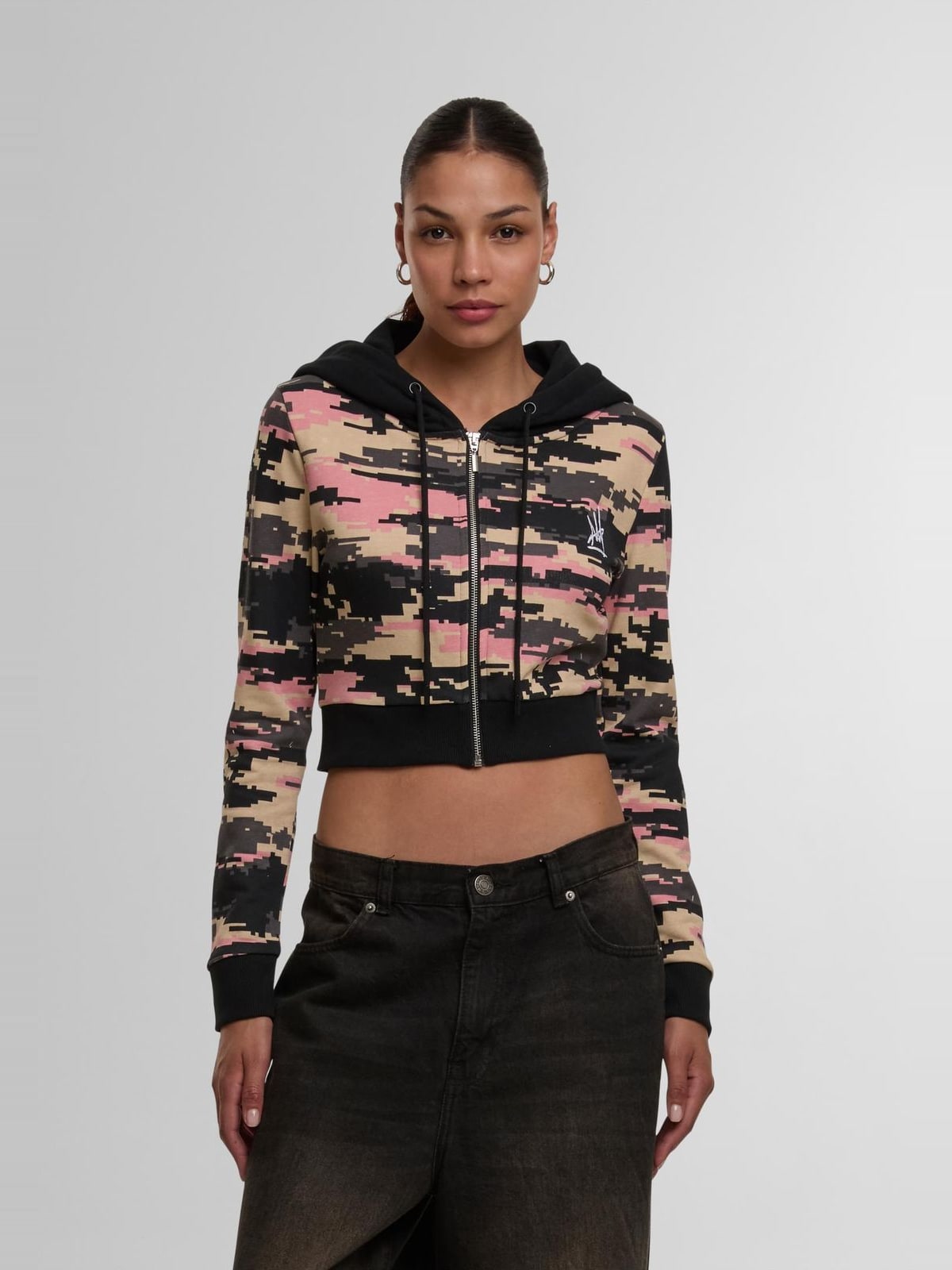 Cropped zip-up hoodie Obscure με ψηφιακό καμουφλάζ DLZH025-17103 Dangerous DNGRS black/pixelcamouflage