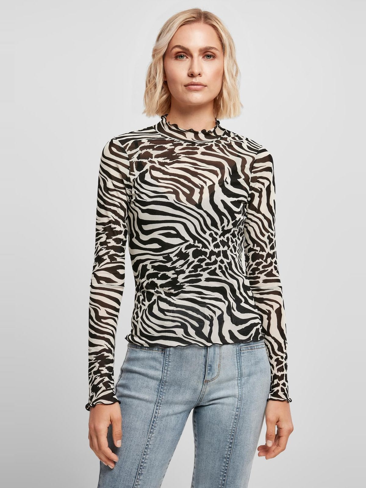 Μακρυμάνικο τοπ Ladies AOP Mesh Turtleneck με ζεβρέ σχέδιο TB4519-01248 Urban Classics white/black
