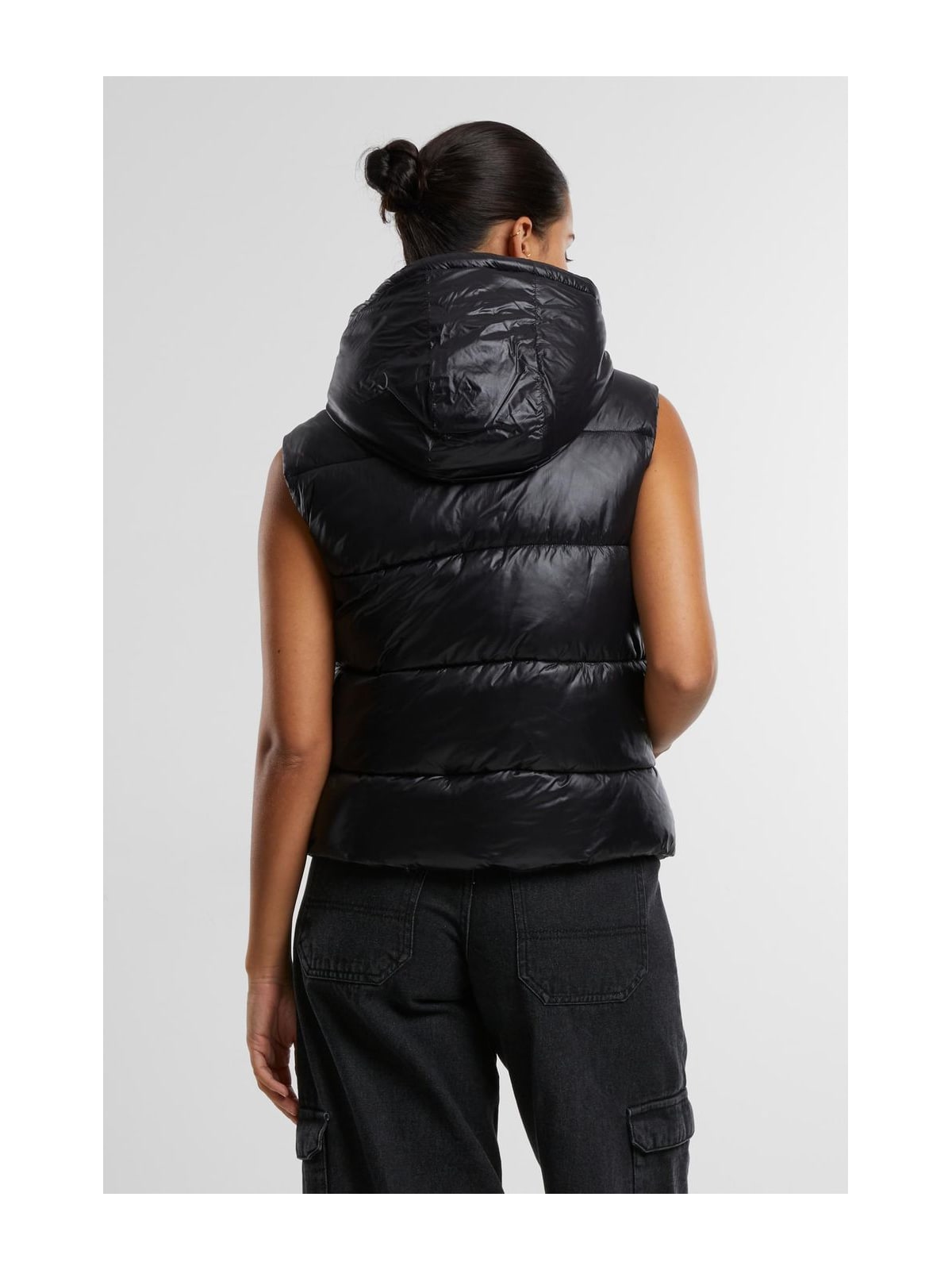 Ladies Recycled Shiny Puffer Vest with Hood Urban Classics TB7004-00007 Black