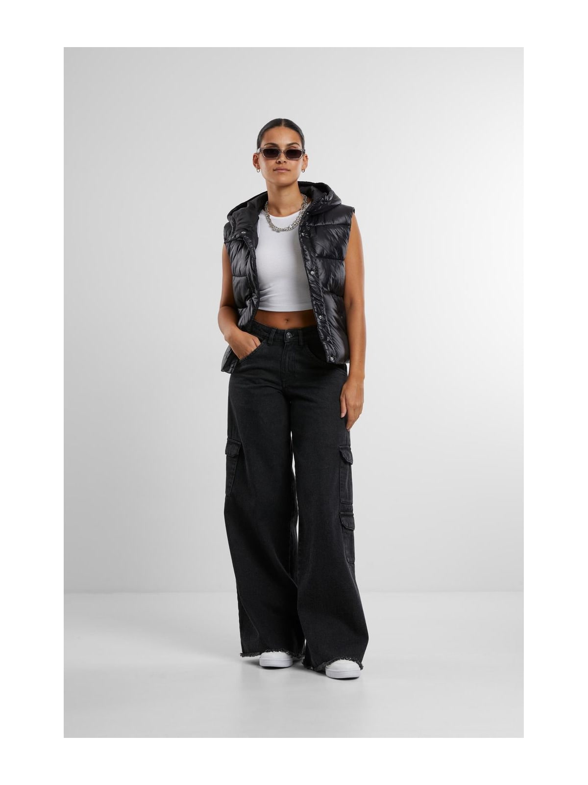 Ladies Recycled Shiny Puffer Vest with Hood Urban Classics TB7004-00007 Black