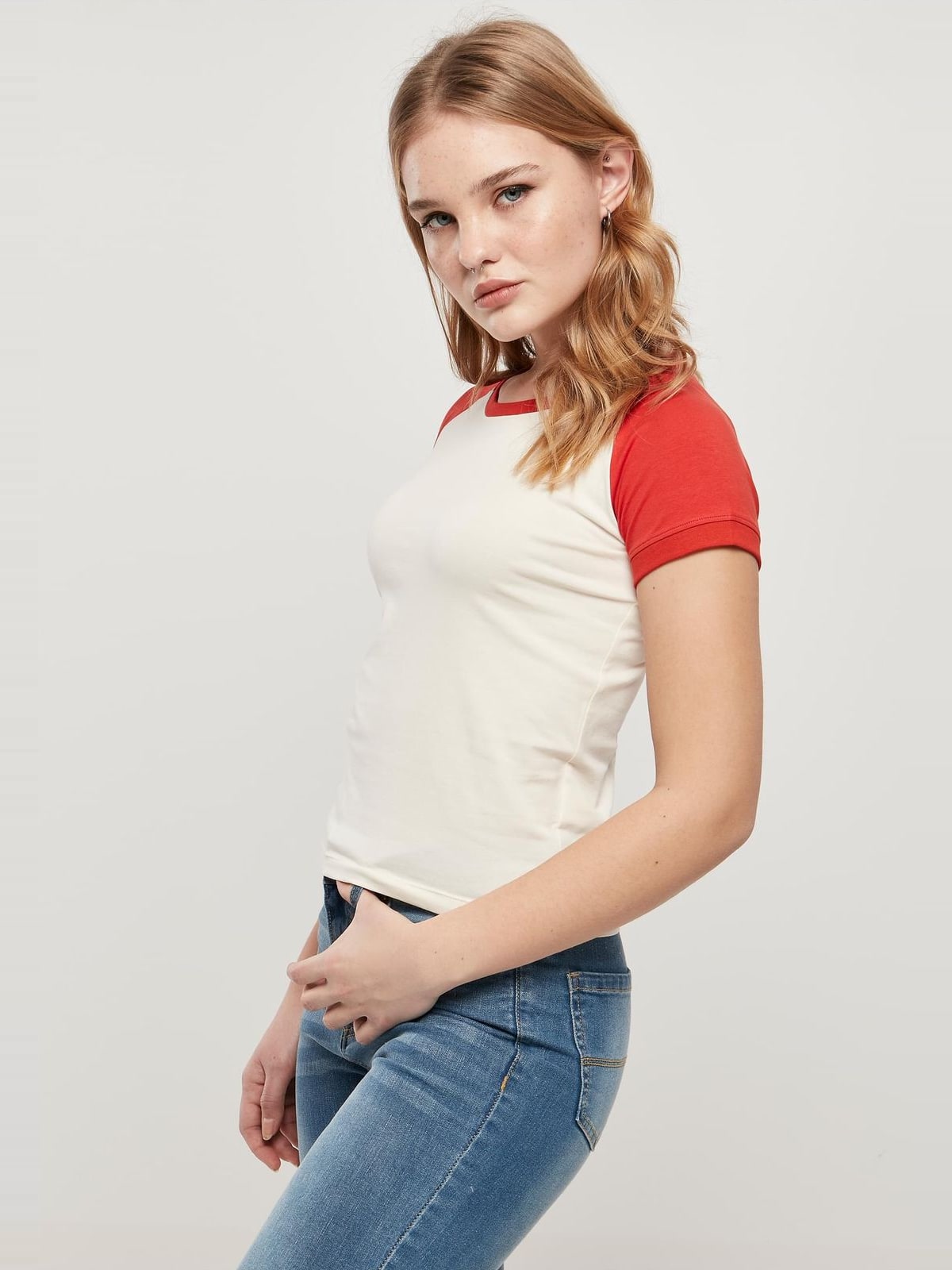 Ladies Organic Stretch Short Retro Baseball Tee Urban Classics TB5075-04016 whitesand/hugered
