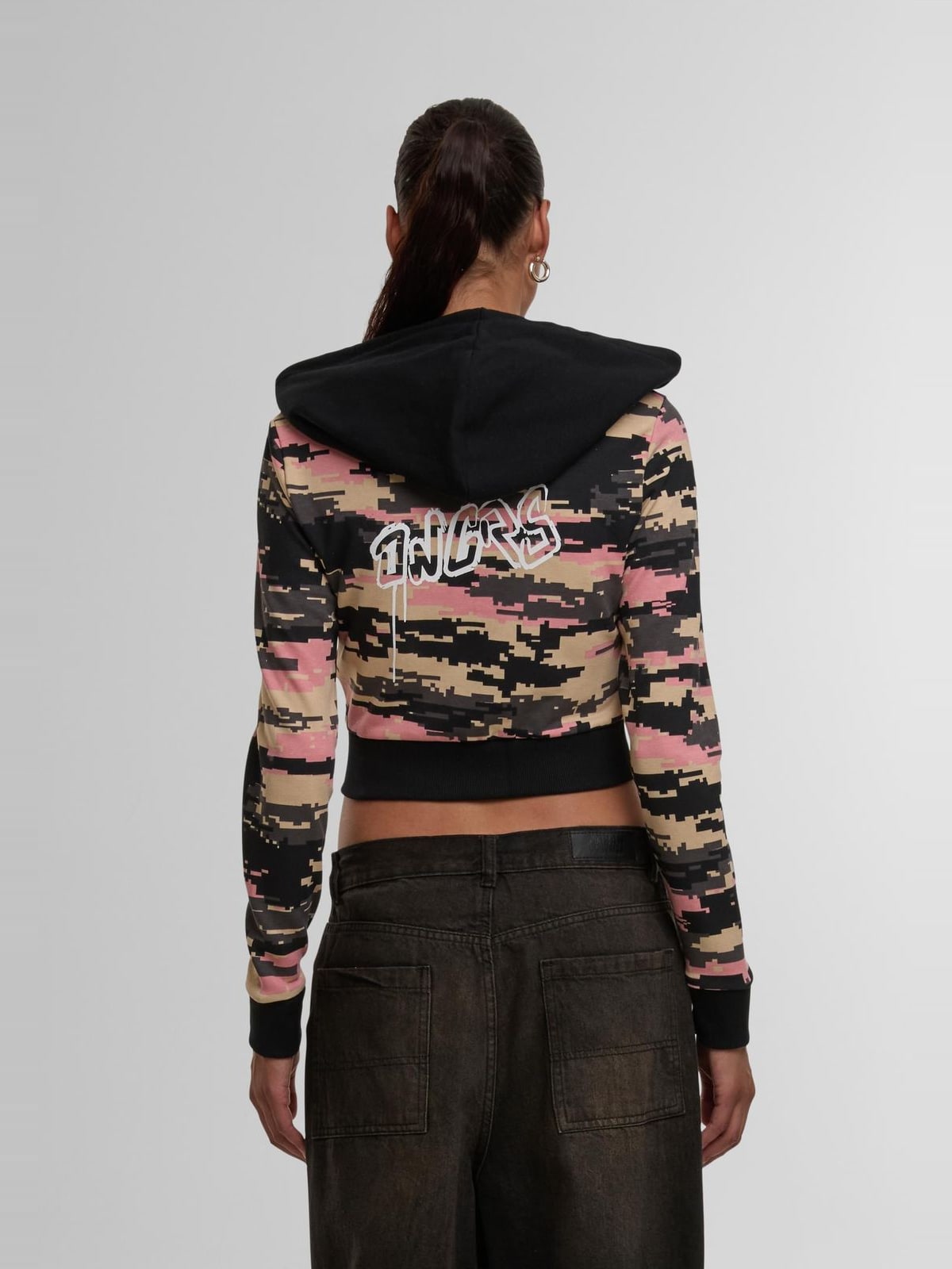 Cropped zip-up hoodie Obscure με ψηφιακό καμουφλάζ DLZH025-17103 Dangerous DNGRS black/pixelcamouflage